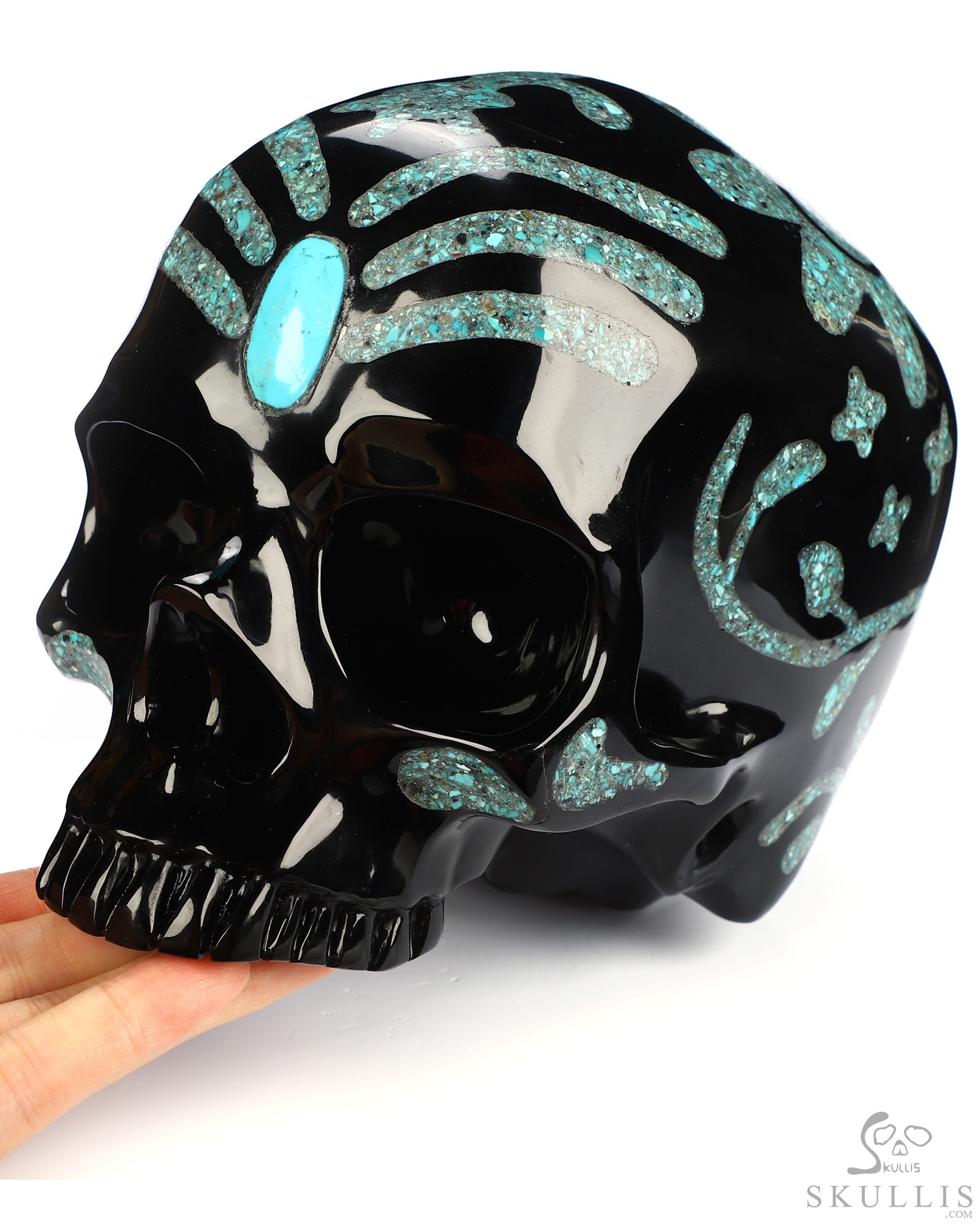 6.9" Black Obsidian Hand Carved Jawless Crystal Skull with Malachite and Turquoise Inlay, Crystal Healing 6.9" Black Obsidian Hand Carved Jawless Crystal Skull with Malachite and Turquoise Inlay, Crystal Healing