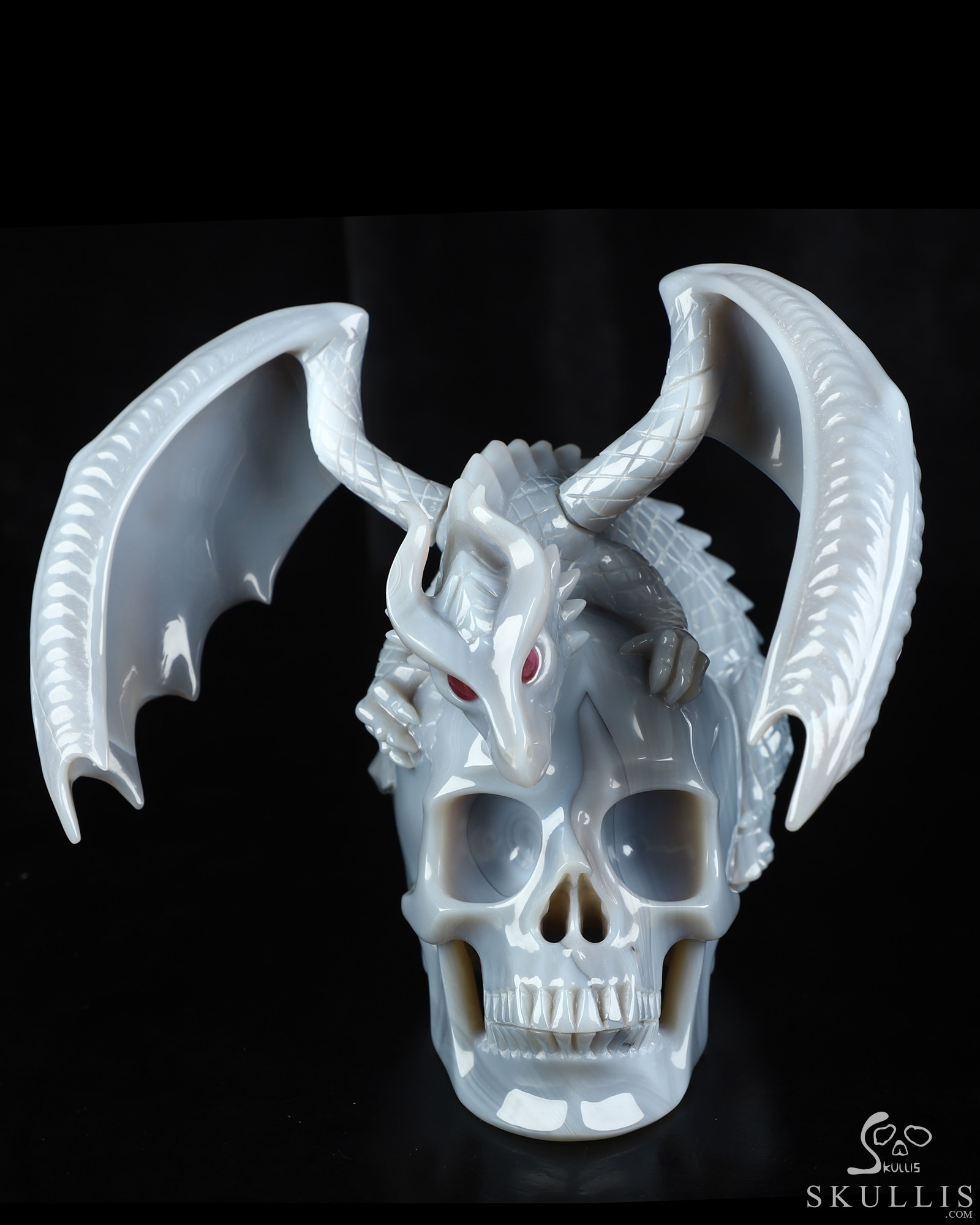 7.9" Premium Brazilian Agate Hand Carved Crystal Skull and Dragon with Detachable Wings and Ruby Eye Fine Art Sculpture, Crystal Healing 7.9" Premium Brazilian Agate Hand Carved Crystal Skull and Dragon with Detachable Wings and Ruby Eye Fine Art Sculpture, Crystal Healing