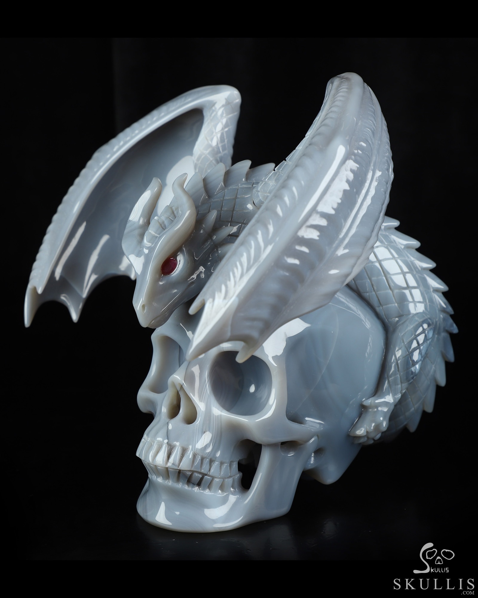 7.9" Premium Brazilian Agate Hand Carved Crystal Skull and Dragon with Detachable Wings and Ruby Eye Fine Art Sculpture, Crystal Healing 7.9" Premium Brazilian Agate Hand Carved Crystal Skull and Dragon with Detachable Wings and Ruby Eye Fine Art Sculpture, Crystal Healing