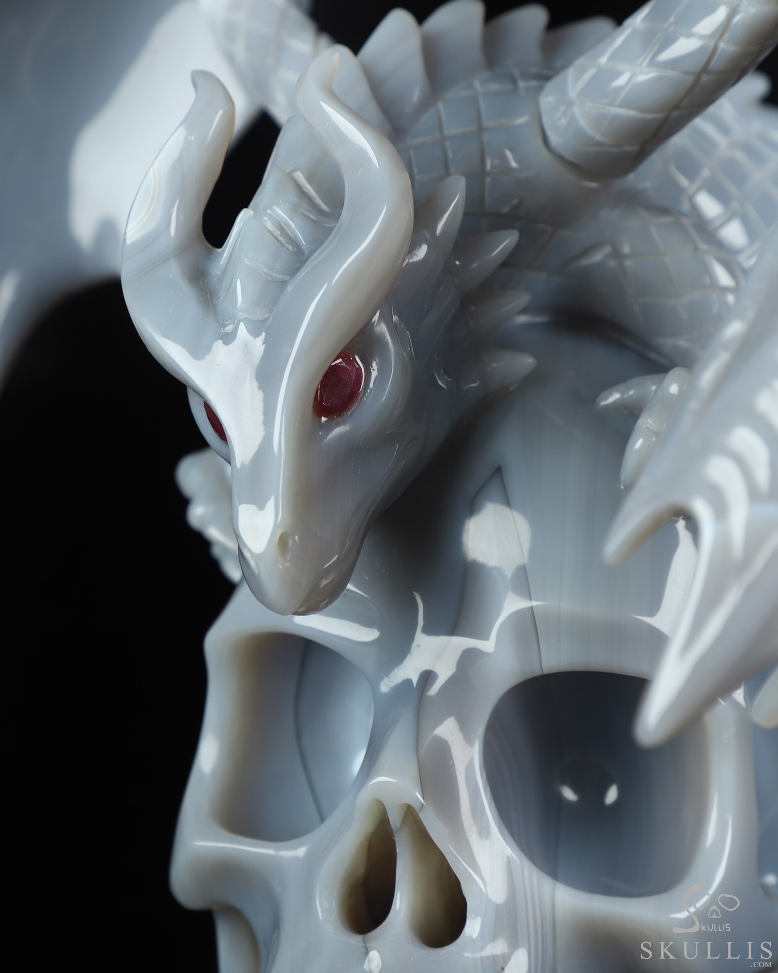 7.9" Premium Brazilian Agate Hand Carved Crystal Skull and Dragon with Detachable Wings and Ruby Eye Fine Art Sculpture, Crystal Healing 7.9" Premium Brazilian Agate Hand Carved Crystal Skull and Dragon with Detachable Wings and Ruby Eye Fine Art Sculpture, Crystal Healing