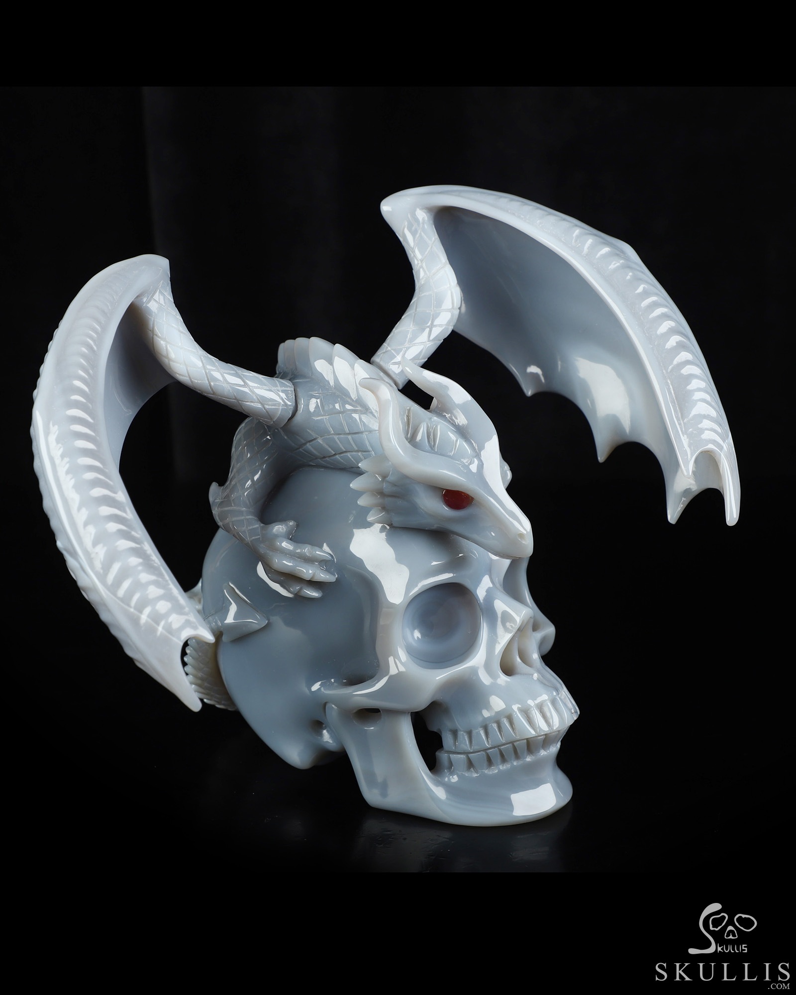 7.9" Premium Brazilian Agate Hand Carved Crystal Skull and Dragon with Detachable Wings and Ruby Eye Fine Art Sculpture, Crystal Healing 7.9" Premium Brazilian Agate Hand Carved Crystal Skull and Dragon with Detachable Wings and Ruby Eye Fine Art Sculpture, Crystal Healing