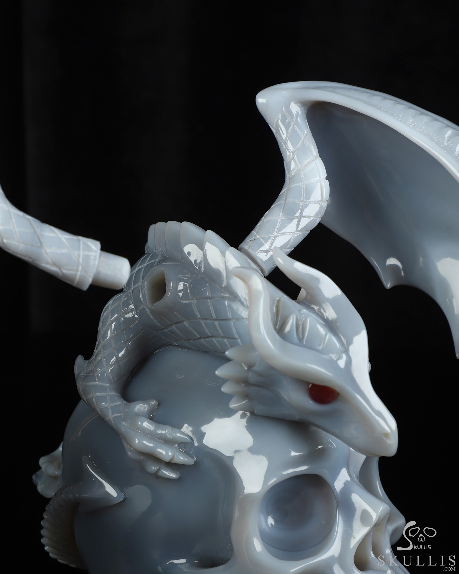 7.9" Premium Brazilian Agate Hand Carved Crystal Skull and Dragon with Detachable Wings and Ruby Eye Fine Art Sculpture, Crystal Healing 7.9" Premium Brazilian Agate Hand Carved Crystal Skull and Dragon with Detachable Wings and Ruby Eye Fine Art Sculpture, Crystal Healing