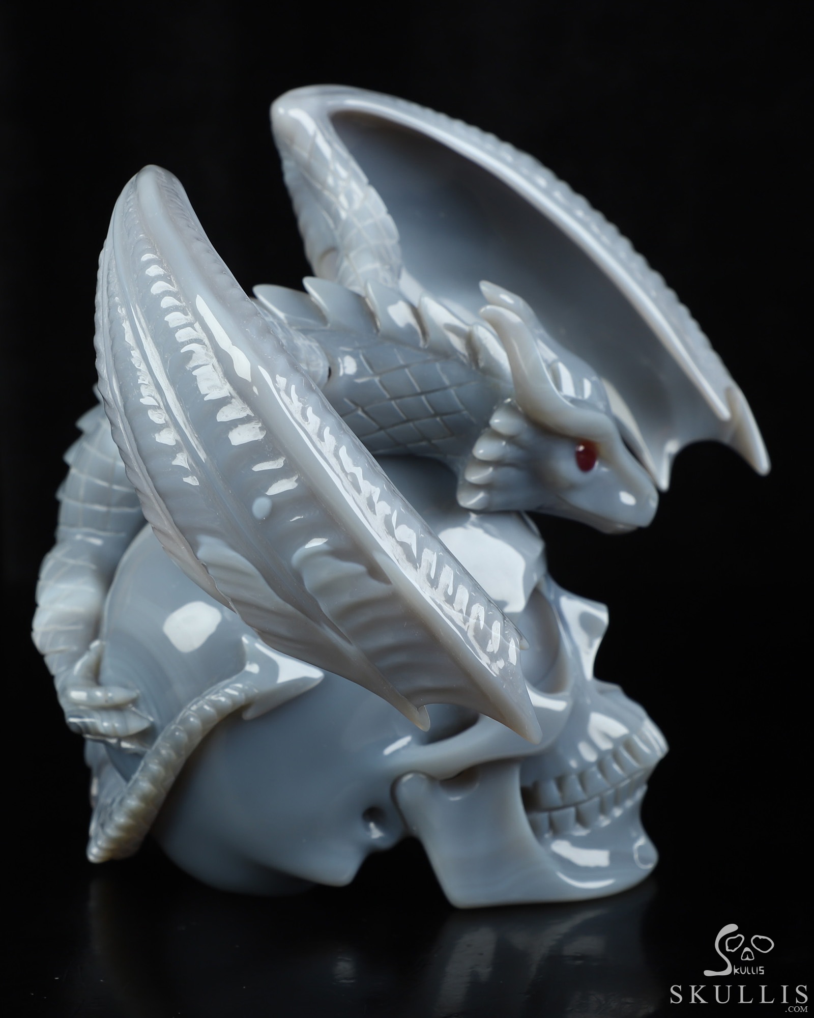 7.9" Premium Brazilian Agate Hand Carved Crystal Skull and Dragon with Detachable Wings and Ruby Eye Fine Art Sculpture, Crystal Healing 7.9" Premium Brazilian Agate Hand Carved Crystal Skull and Dragon with Detachable Wings and Ruby Eye Fine Art Sculpture, Crystal Healing