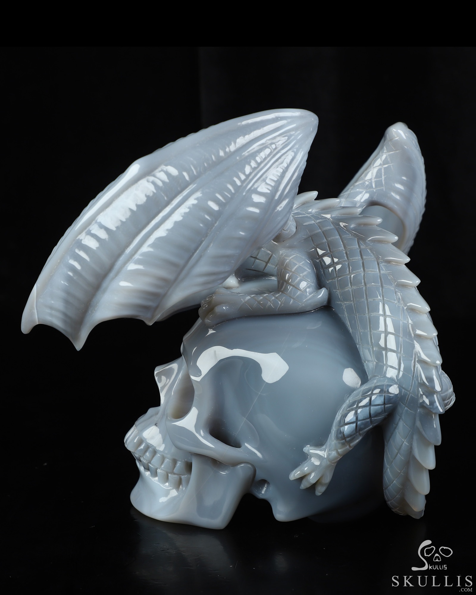 7.9" Premium Brazilian Agate Hand Carved Crystal Skull and Dragon with Detachable Wings and Ruby Eye Fine Art Sculpture, Crystal Healing 7.9" Premium Brazilian Agate Hand Carved Crystal Skull and Dragon with Detachable Wings and Ruby Eye Fine Art Sculpture, Crystal Healing