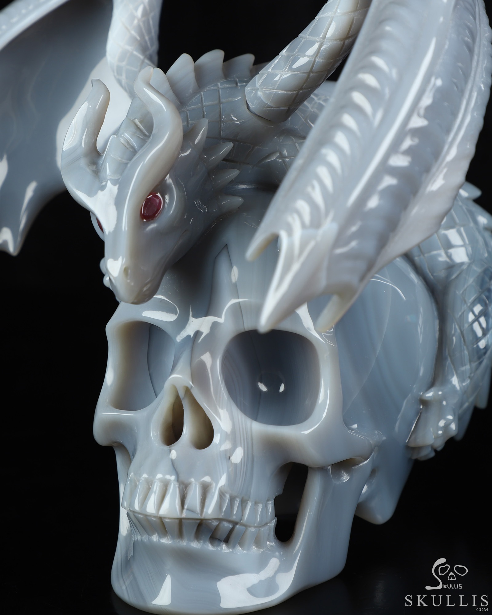 7.9" Premium Brazilian Agate Hand Carved Crystal Skull and Dragon with Detachable Wings and Ruby Eye Fine Art Sculpture, Crystal Healing 7.9" Premium Brazilian Agate Hand Carved Crystal Skull and Dragon with Detachable Wings and Ruby Eye Fine Art Sculpture, Crystal Healing