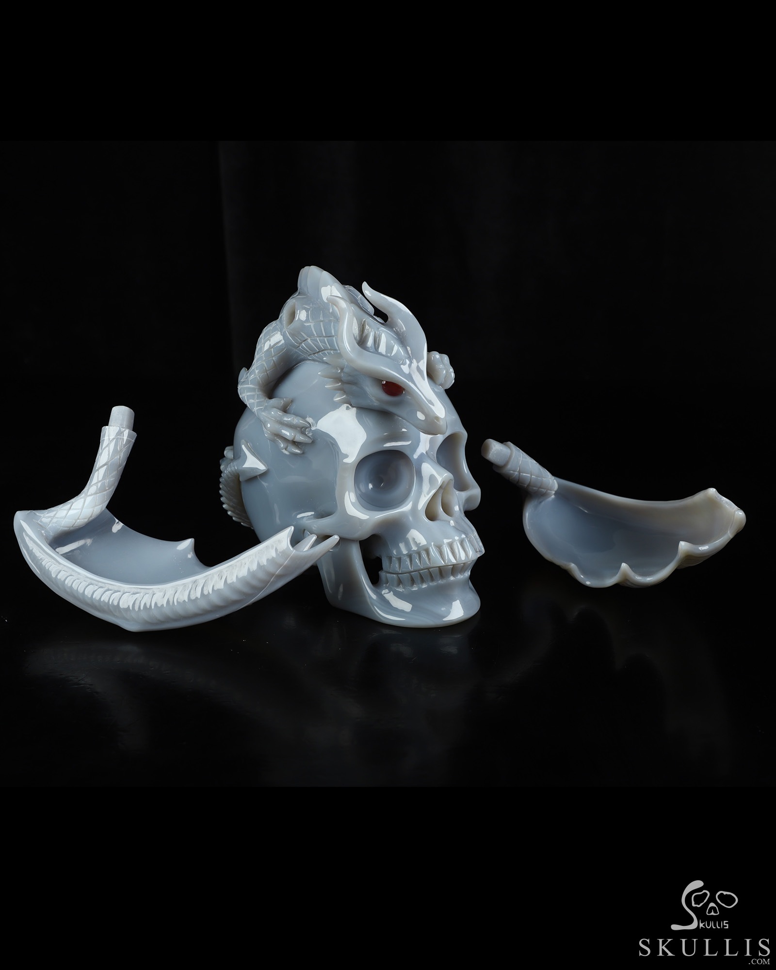 7.9" Premium Brazilian Agate Hand Carved Crystal Skull and Dragon with Detachable Wings and Ruby Eye Fine Art Sculpture, Crystal Healing 7.9" Premium Brazilian Agate Hand Carved Crystal Skull and Dragon with Detachable Wings and Ruby Eye Fine Art Sculpture, Crystal Healing
