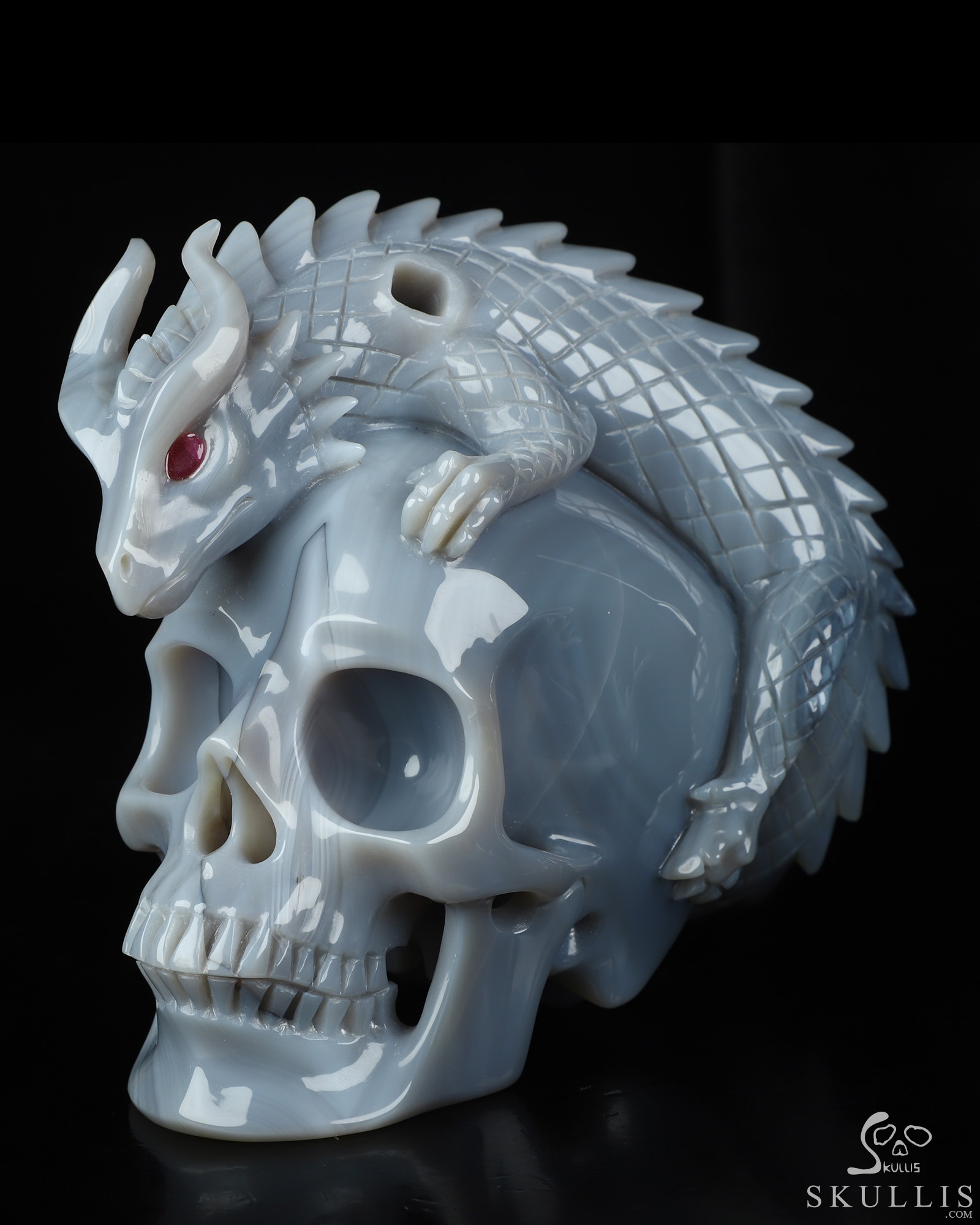 7.9" Premium Brazilian Agate Hand Carved Crystal Skull and Dragon with Detachable Wings and Ruby Eye Fine Art Sculpture, Crystal Healing 7.9" Premium Brazilian Agate Hand Carved Crystal Skull and Dragon with Detachable Wings and Ruby Eye Fine Art Sculpture, Crystal Healing
