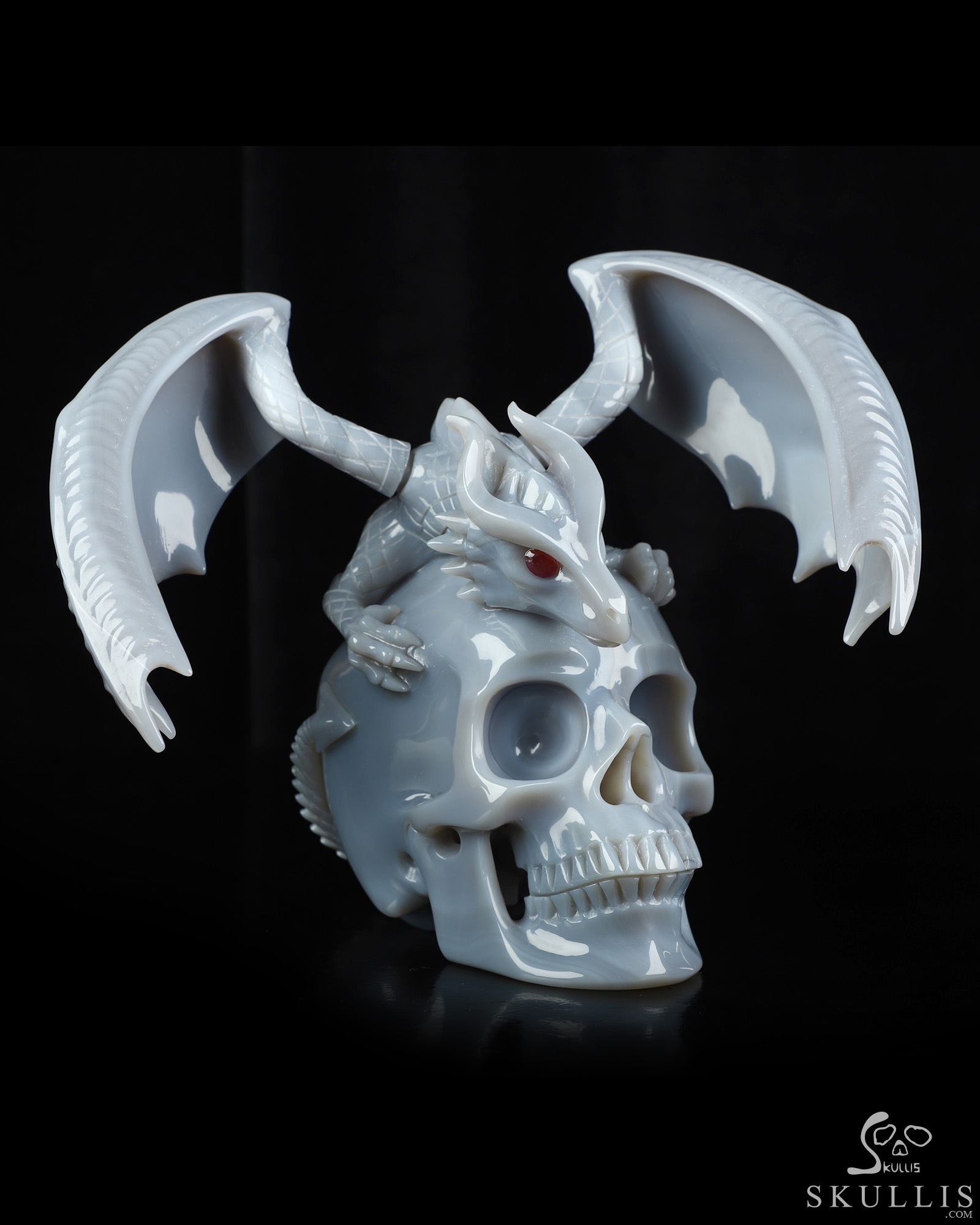 7.9" Premium Brazilian Agate Hand Carved Crystal Skull and Dragon with Detachable Wings and Ruby Eye Fine Art Sculpture, Crystal Healing 7.9" Premium Brazilian Agate Hand Carved Crystal Skull and Dragon with Detachable Wings and Ruby Eye Fine Art Sculpture, Crystal Healing