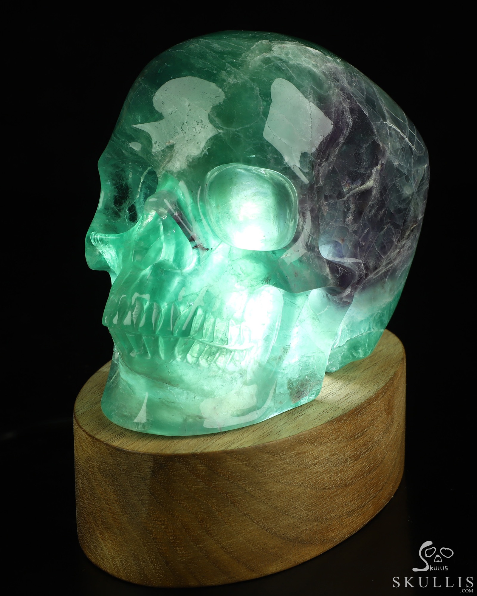 5.0" Fluorite Hand Carved Hollow Crystal Skull Lamp with Led Stand, Super Realistic, Crystal Healing 5.0" Fluorite Hand Carved Hollow Crystal Skull Lamp with Led Stand, Super Realistic, Crystal Healing