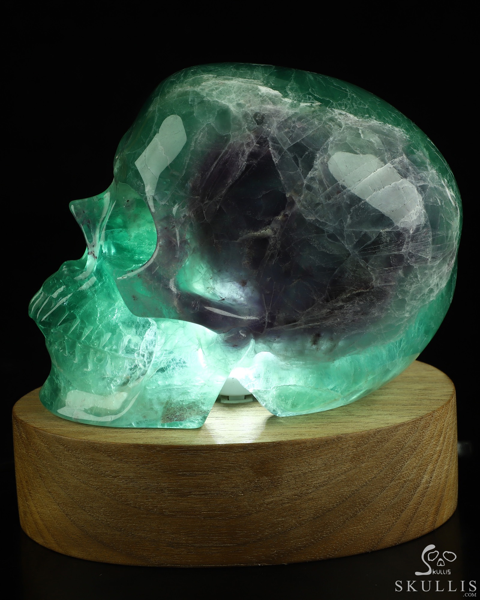 5.0" Fluorite Hand Carved Hollow Crystal Skull Lamp with Led Stand, Super Realistic, Crystal Healing 5.0" Fluorite Hand Carved Hollow Crystal Skull Lamp with Led Stand, Super Realistic, Crystal Healing