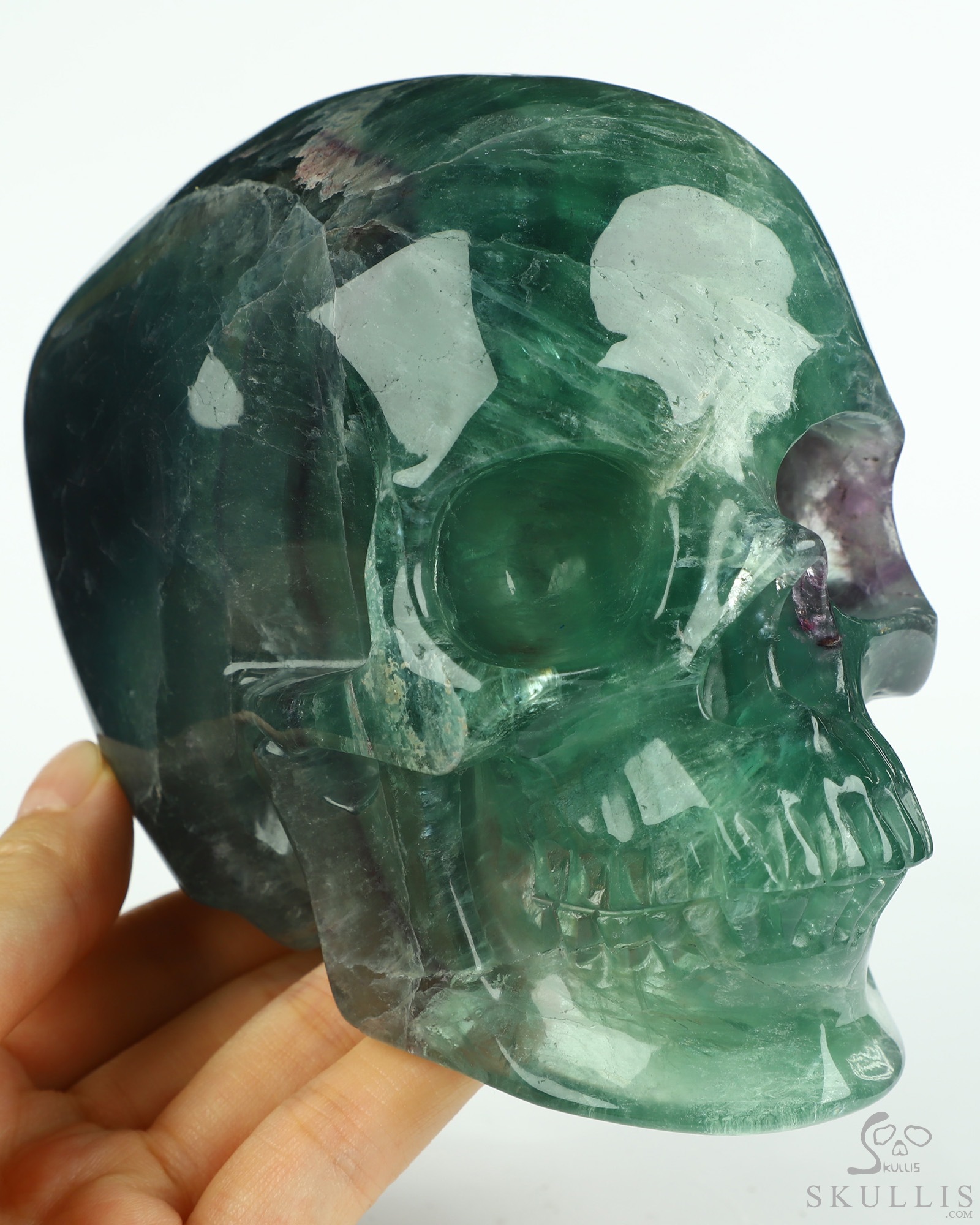 5.0" Fluorite Hand Carved Hollow Crystal Skull Lamp with Led Stand, Super Realistic, Crystal Healing 5.0" Fluorite Hand Carved Hollow Crystal Skull Lamp with Led Stand, Super Realistic, Crystal Healing