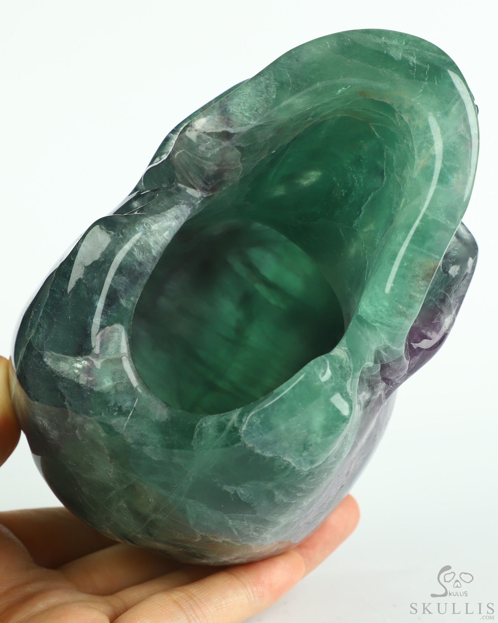 5.0" Fluorite Hand Carved Hollow Crystal Skull Lamp with Led Stand, Super Realistic, Crystal Healing 5.0" Fluorite Hand Carved Hollow Crystal Skull Lamp with Led Stand, Super Realistic, Crystal Healing