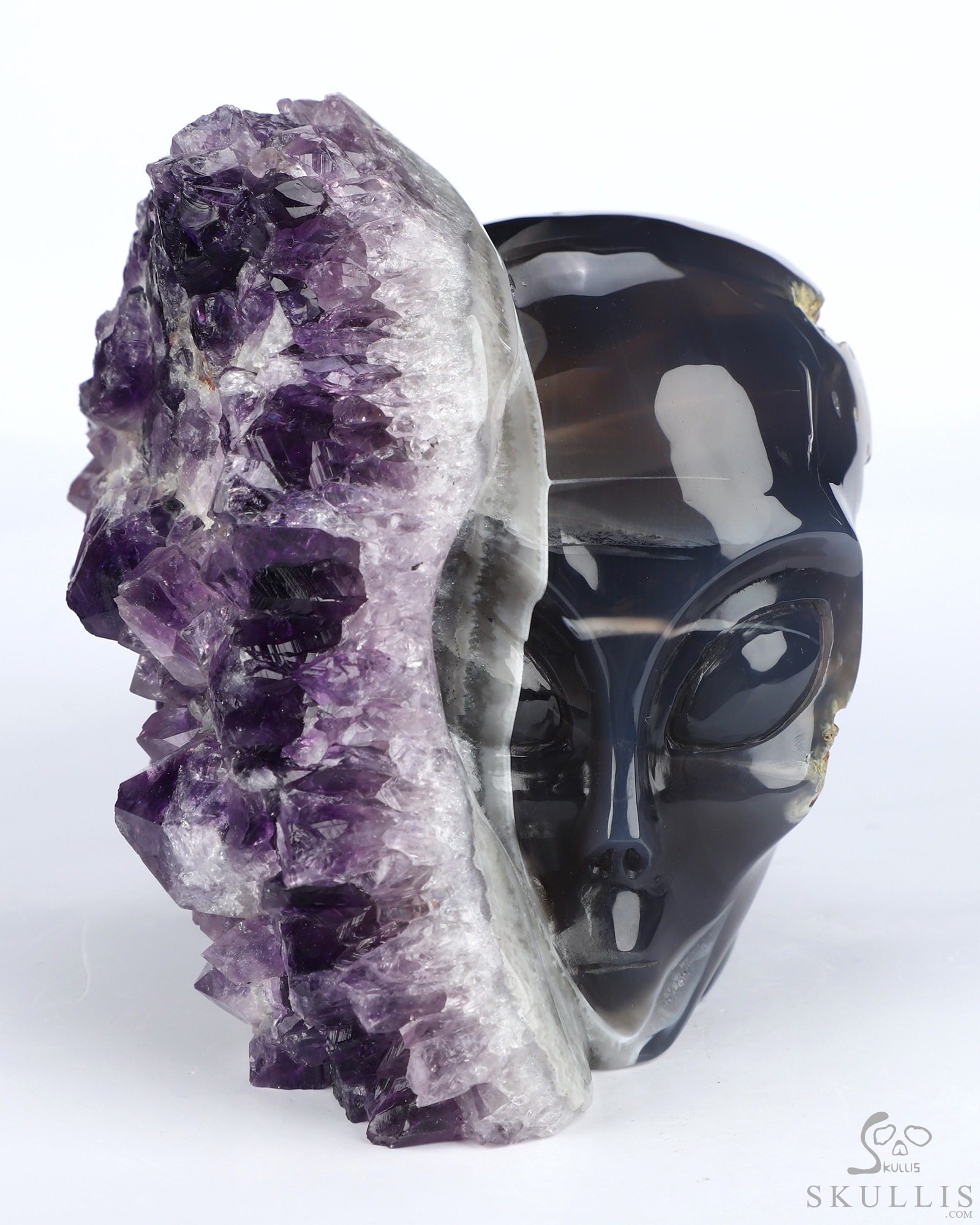 5.2" Agate Amethyst Druse Hand Carved Alien Crystal Skull Companion Sculpture, Crystal Healing 5.2" Agate Amethyst Druse Hand Carved Alien Crystal Skull Companion Sculpture, Crystal Healing