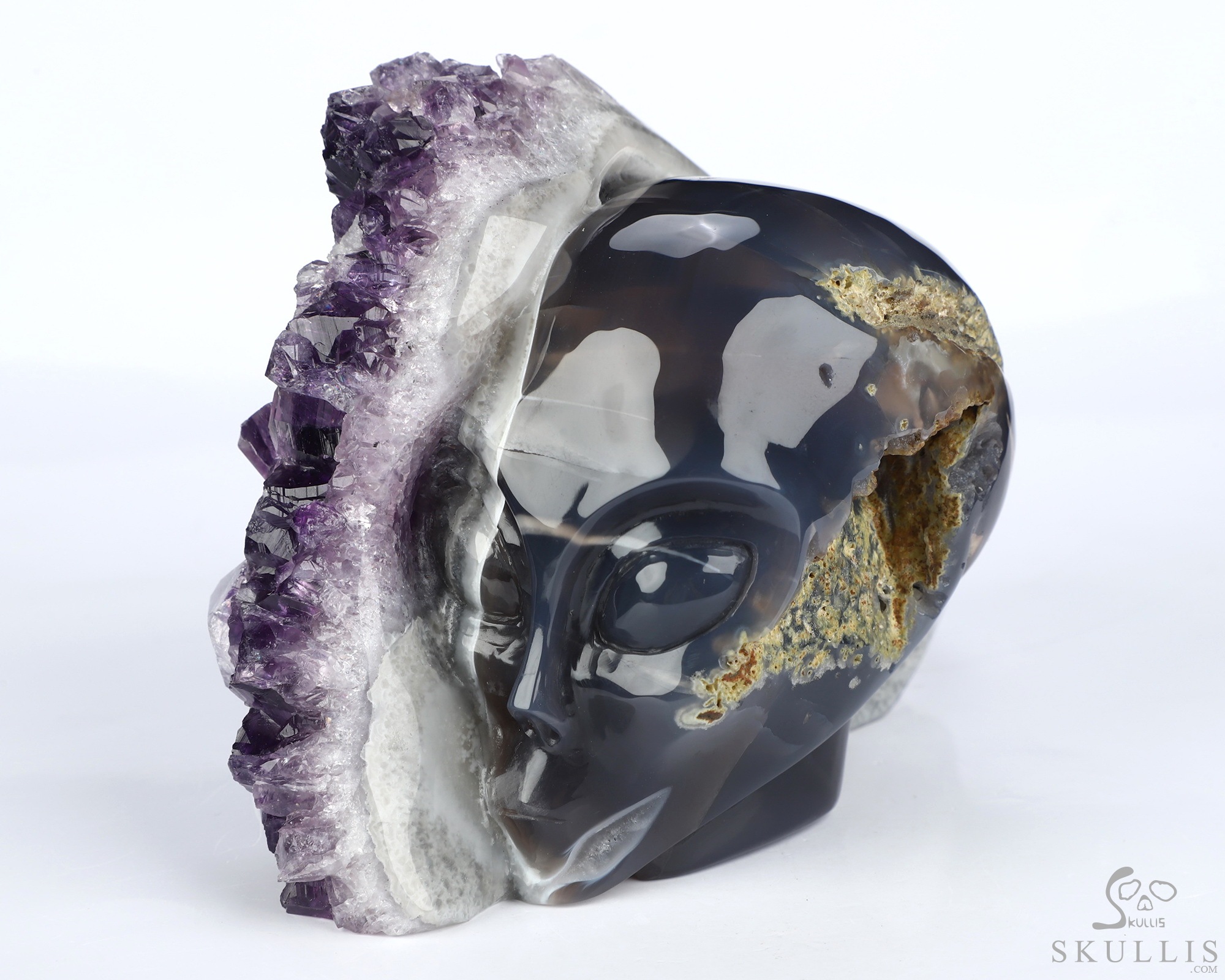 5.2" Agate Amethyst Druse Hand Carved Alien Crystal Skull Companion Sculpture, Crystal Healing 5.2" Agate Amethyst Druse Hand Carved Alien Crystal Skull Companion Sculpture, Crystal Healing