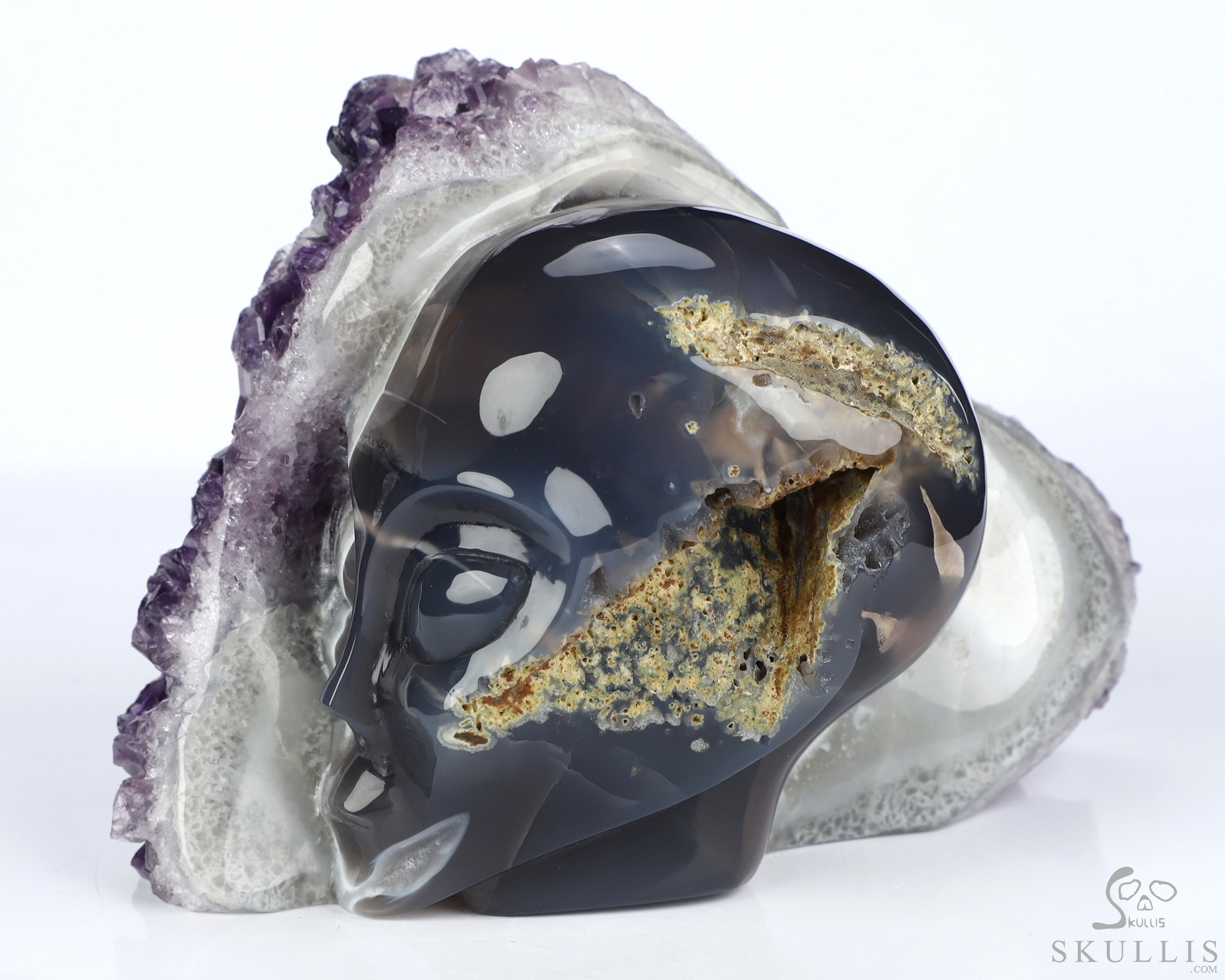 5.2" Agate Amethyst Druse Hand Carved Alien Crystal Skull Companion Sculpture, Crystal Healing 5.2" Agate Amethyst Druse Hand Carved Alien Crystal Skull Companion Sculpture, Crystal Healing