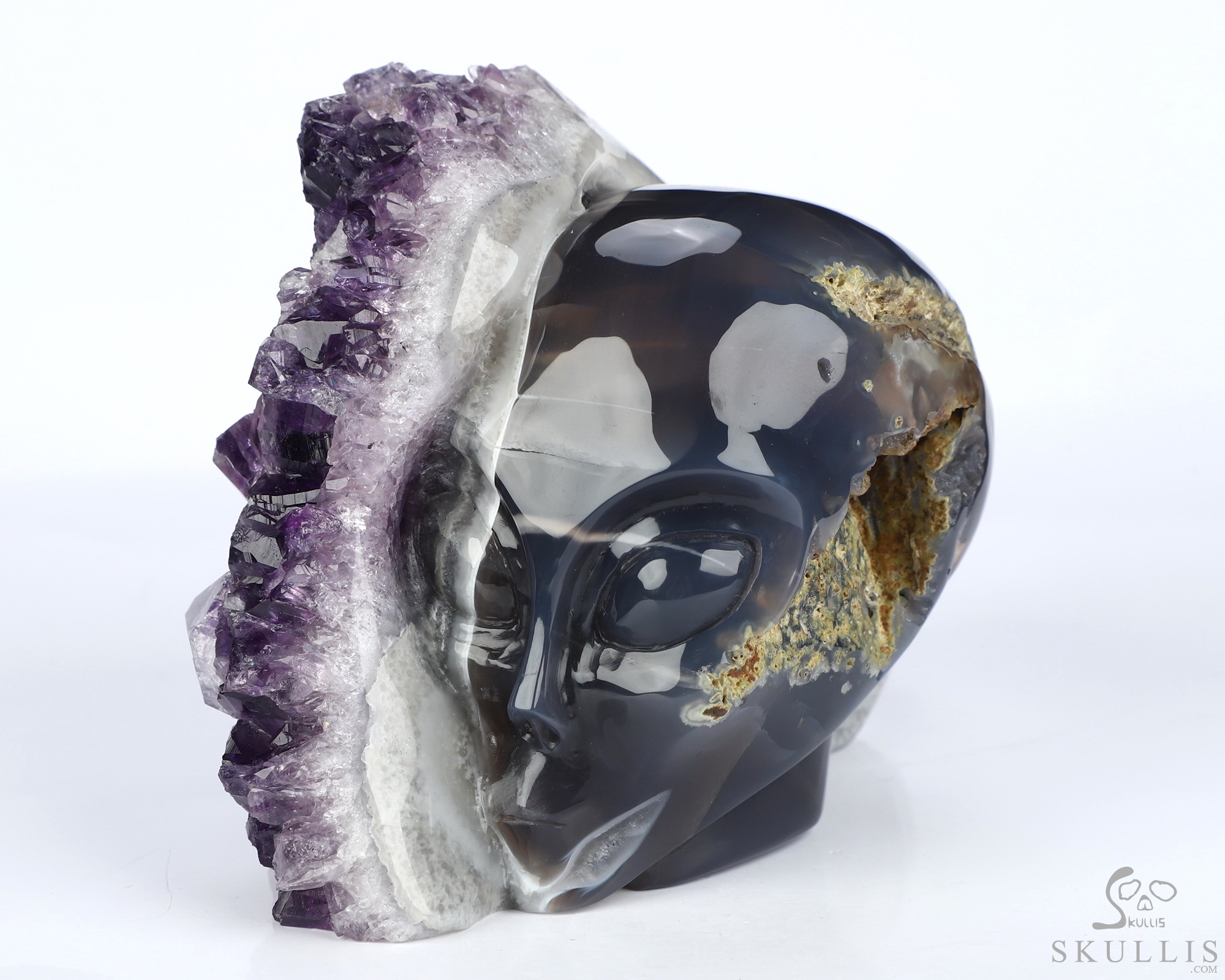 5.2" Agate Amethyst Druse Hand Carved Alien Crystal Skull Companion Sculpture, Crystal Healing 5.2" Agate Amethyst Druse Hand Carved Alien Crystal Skull Companion Sculpture, Crystal Healing