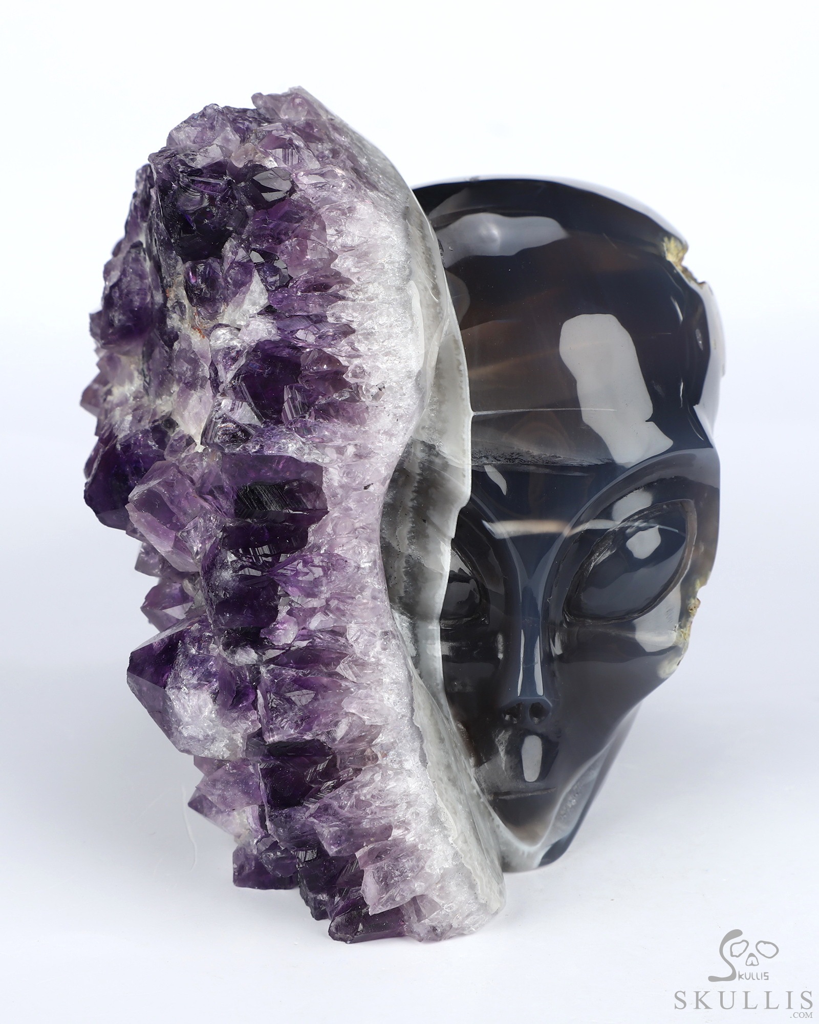 5.2" Agate Amethyst Druse Hand Carved Alien Crystal Skull Companion Sculpture, Crystal Healing 5.2" Agate Amethyst Druse Hand Carved Alien Crystal Skull Companion Sculpture, Crystal Healing