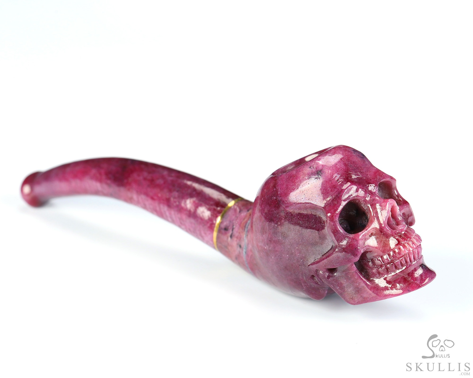 Cuddle of Cheesy Curdle - 5.6" Ruby Hand Carved Crystal Skull Pipe, 18k Gold Buckle, Crystal Healing Cuddle of Cheesy Curdle - 5.6" Ruby Hand Carved Crystal Skull Pipe, 18k Gold Buckle, Crystal Healing
