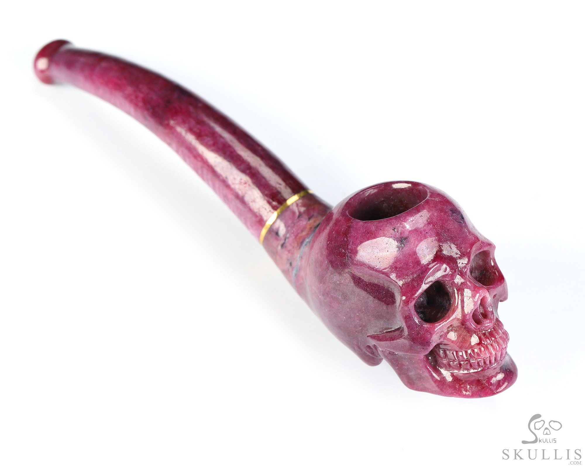 Cuddle of Cheesy Curdle - 5.6" Ruby Hand Carved Crystal Skull Pipe, 18k Gold Buckle, Crystal Healing Cuddle of Cheesy Curdle - 5.6" Ruby Hand Carved Crystal Skull Pipe, 18k Gold Buckle, Crystal Healing