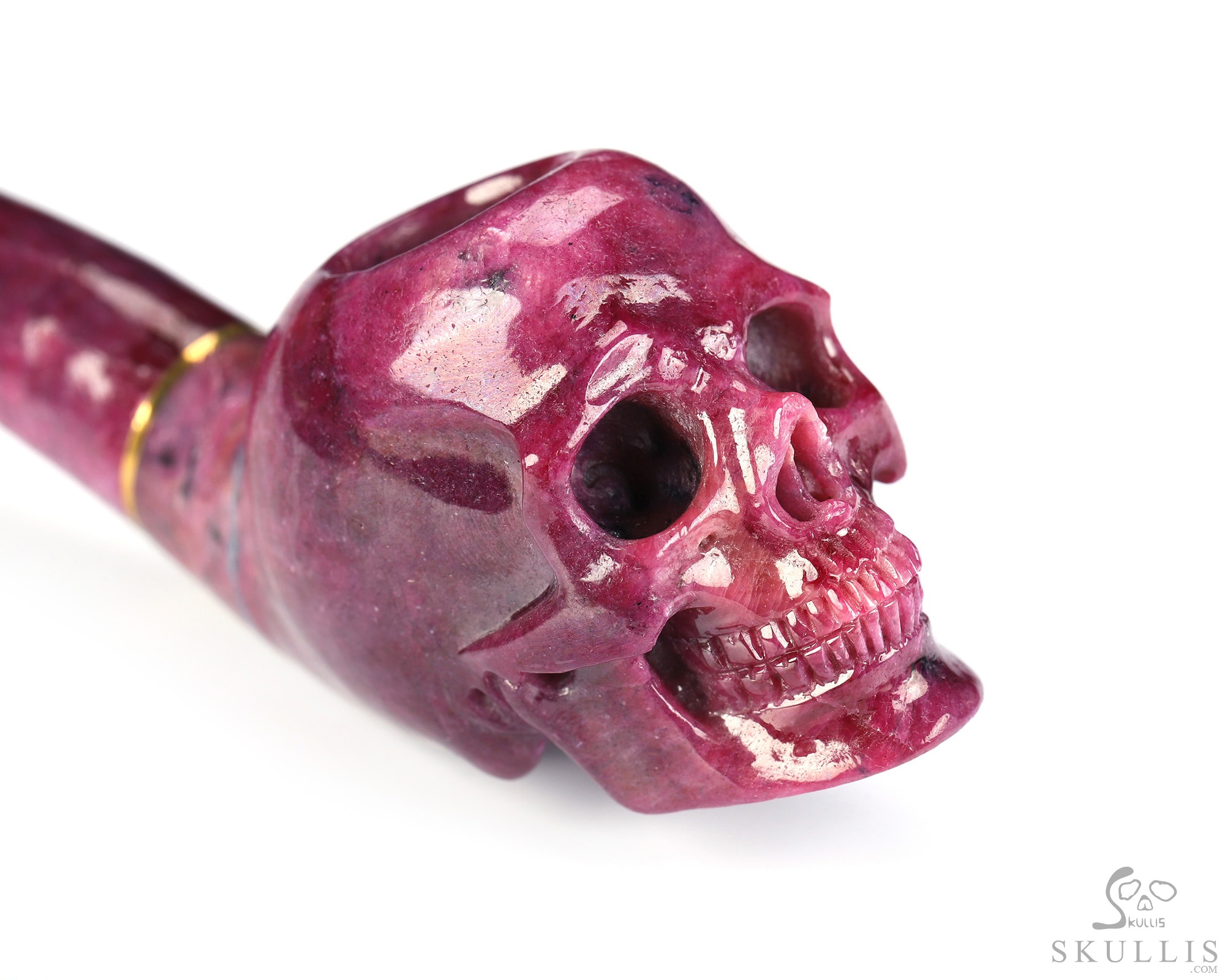 Cuddle of Cheesy Curdle - 5.6" Ruby Hand Carved Crystal Skull Pipe, 18k Gold Buckle, Crystal Healing Cuddle of Cheesy Curdle - 5.6" Ruby Hand Carved Crystal Skull Pipe, 18k Gold Buckle, Crystal Healing