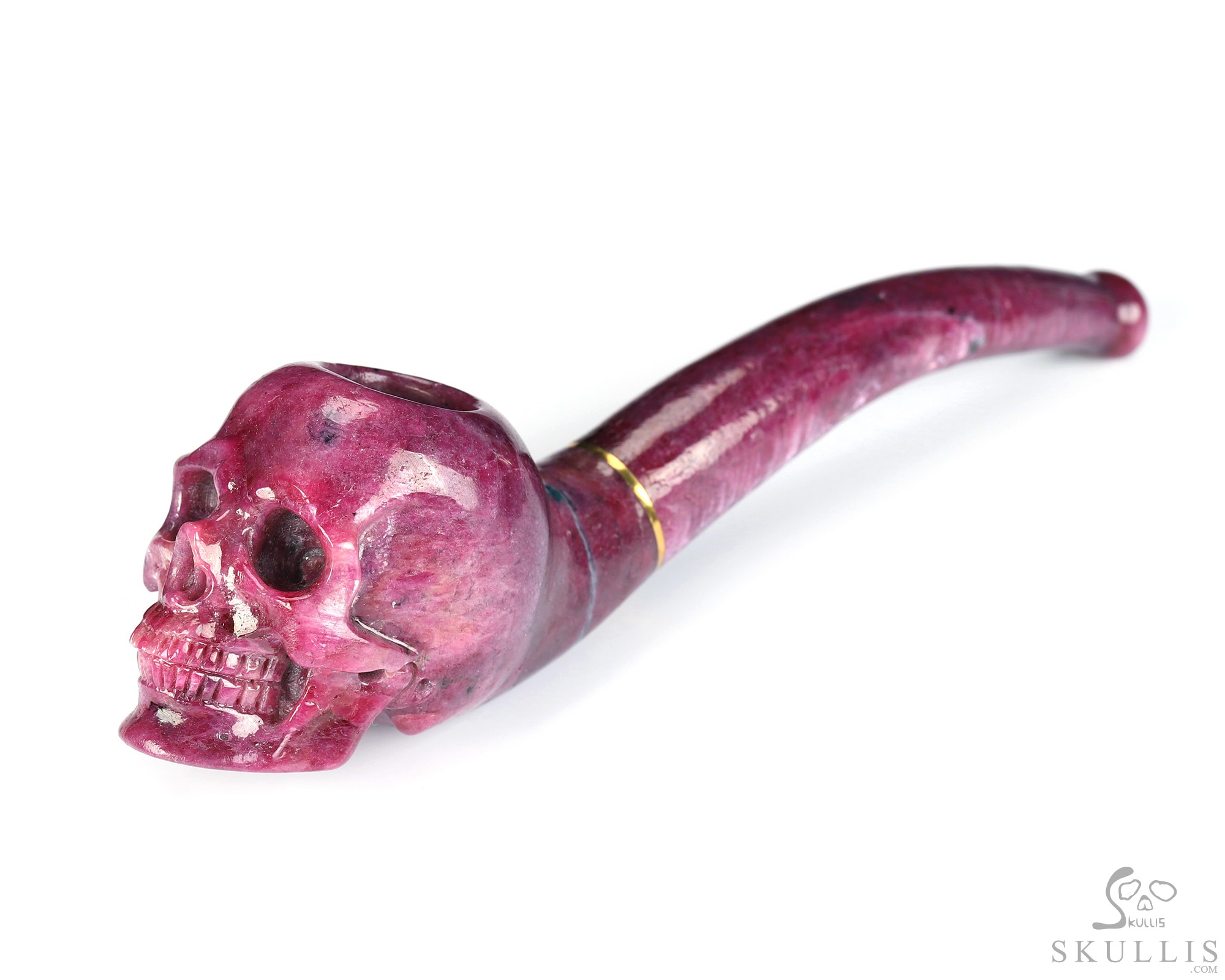 Cuddle of Cheesy Curdle - 5.6" Ruby Hand Carved Crystal Skull Pipe, 18k Gold Buckle, Crystal Healing Cuddle of Cheesy Curdle - 5.6" Ruby Hand Carved Crystal Skull Pipe, 18k Gold Buckle, Crystal Healing