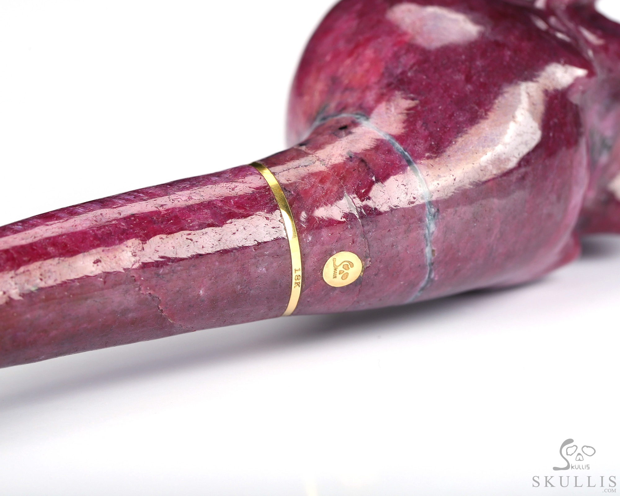 Cuddle of Cheesy Curdle - 5.6" Ruby Hand Carved Crystal Skull Pipe, 18k Gold Buckle, Crystal Healing Cuddle of Cheesy Curdle - 5.6" Ruby Hand Carved Crystal Skull Pipe, 18k Gold Buckle, Crystal Healing