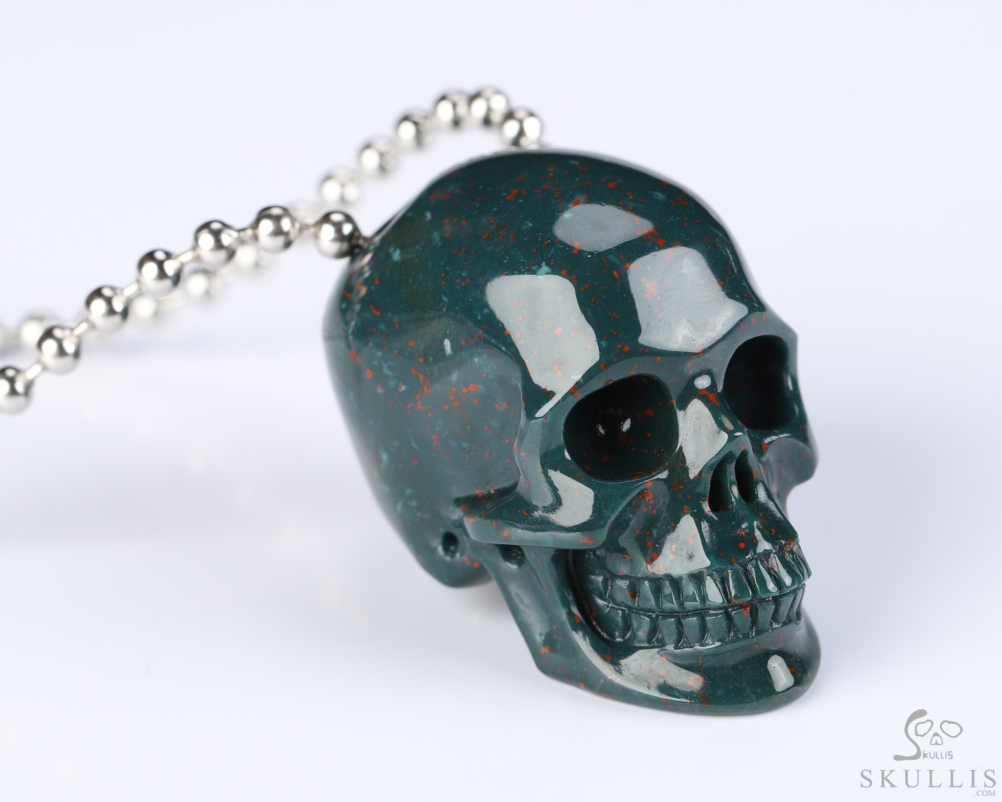 Necklace of 1.4" Bloodstone Hand Carved Crystal Skull Pendant, Skull Jewelry Necklace of 1.4" Bloodstone Hand Carved Crystal Skull Pendant, Skull Jewelry