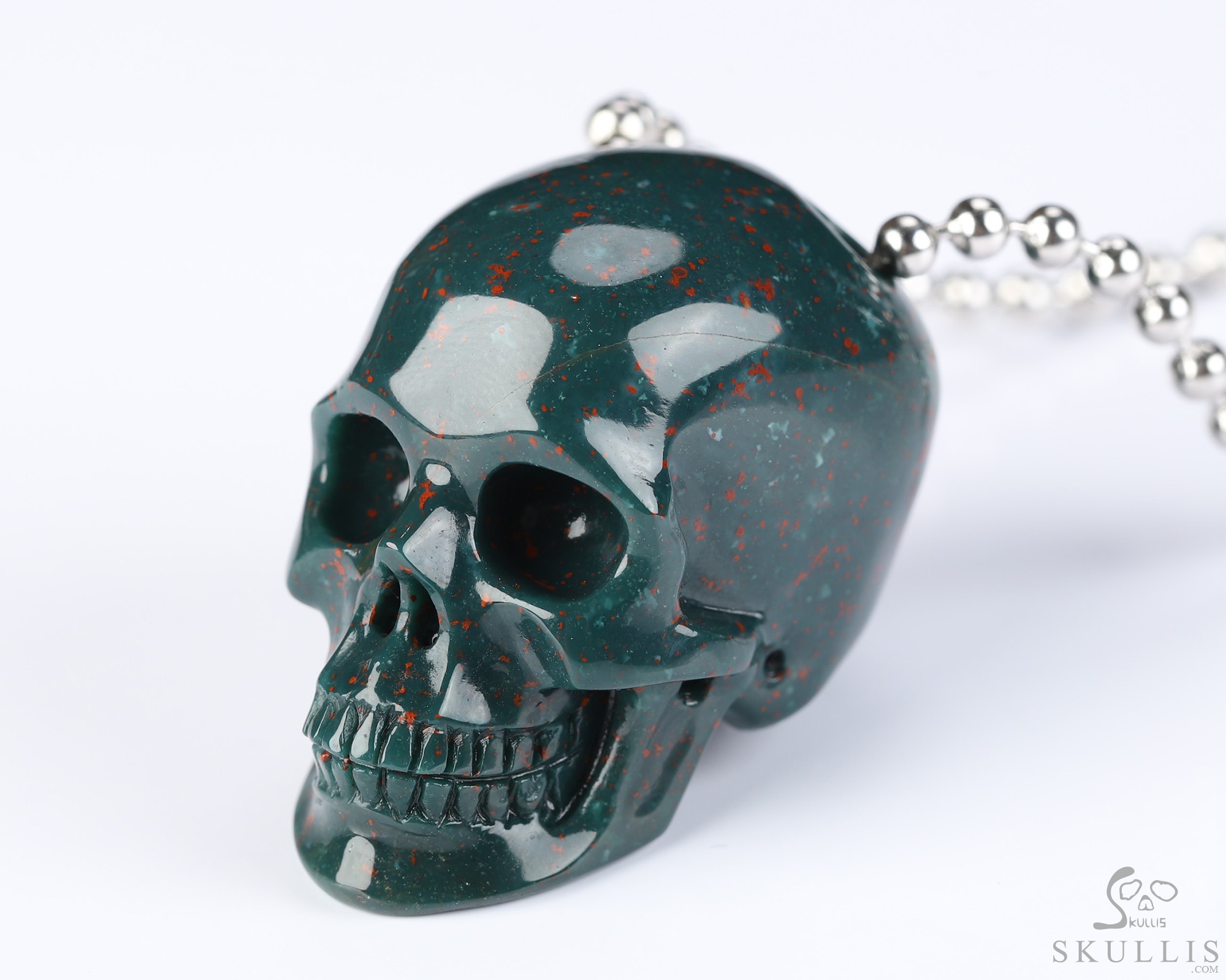 Necklace of 1.4" Bloodstone Hand Carved Crystal Skull Pendant, Skull Jewelry Necklace of 1.4" Bloodstone Hand Carved Crystal Skull Pendant, Skull Jewelry