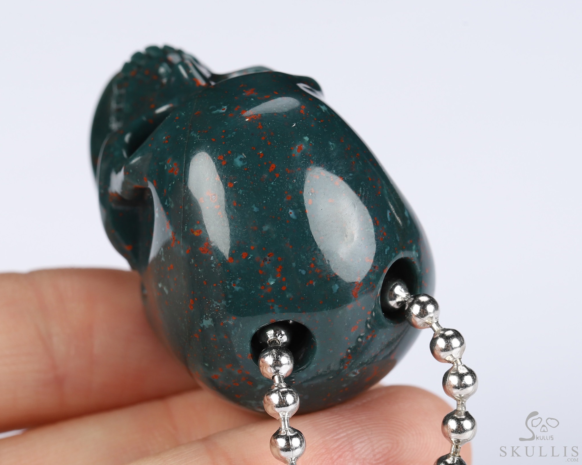 Necklace of 1.4" Bloodstone Hand Carved Crystal Skull Pendant, Skull Jewelry Necklace of 1.4" Bloodstone Hand Carved Crystal Skull Pendant, Skull Jewelry