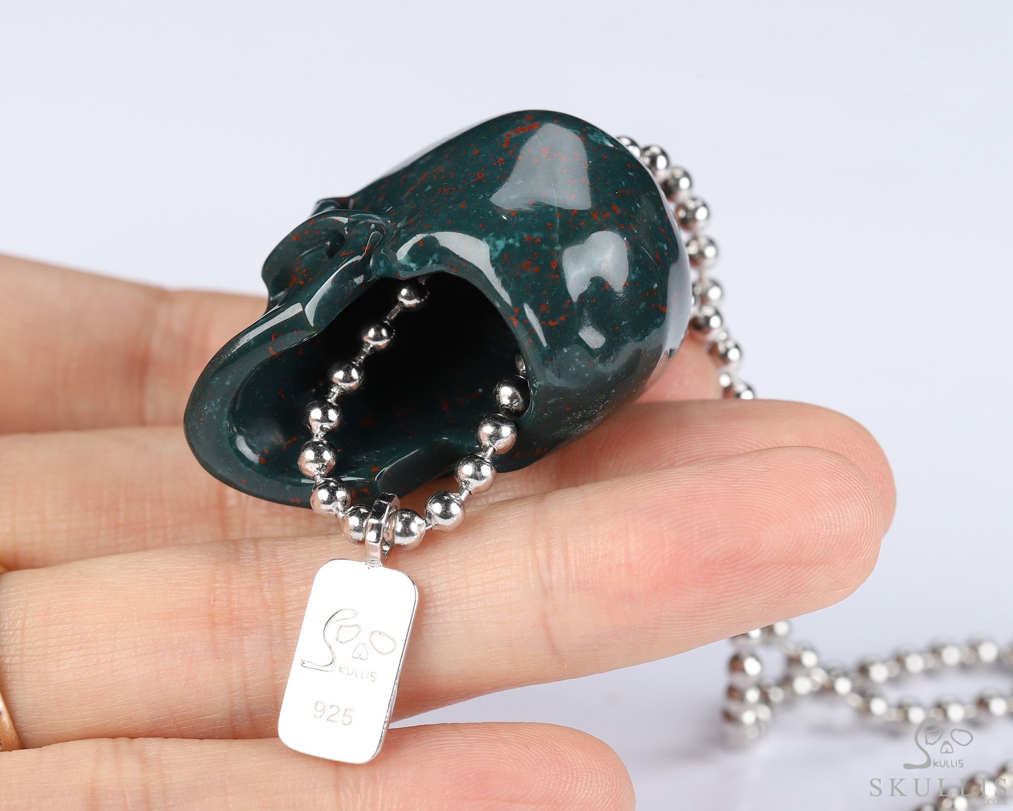 Necklace of 1.4" Bloodstone Hand Carved Crystal Skull Pendant, Skull Jewelry Necklace of 1.4" Bloodstone Hand Carved Crystal Skull Pendant, Skull Jewelry