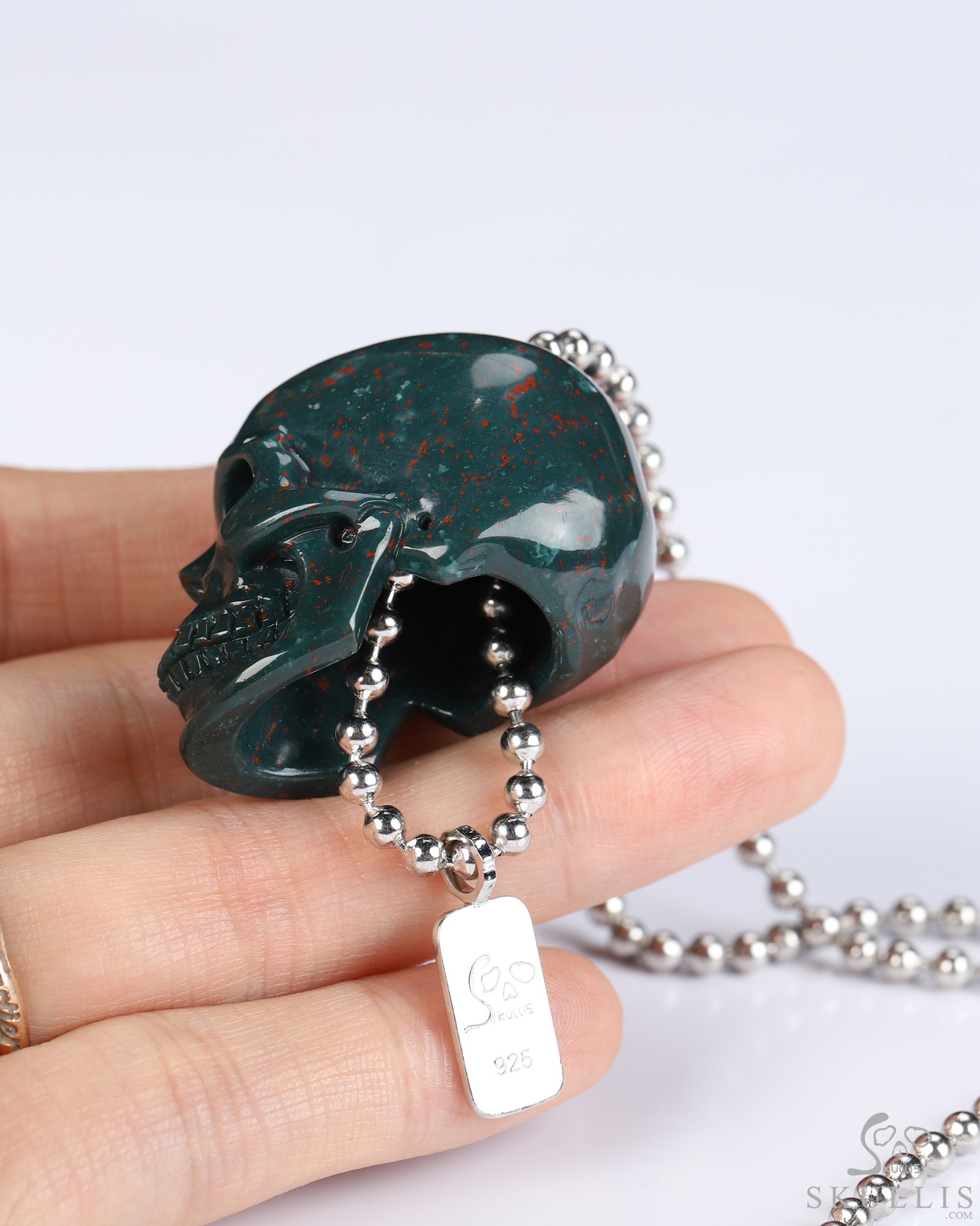 Necklace of 1.4" Bloodstone Hand Carved Crystal Skull Pendant, Skull Jewelry Necklace of 1.4" Bloodstone Hand Carved Crystal Skull Pendant, Skull Jewelry