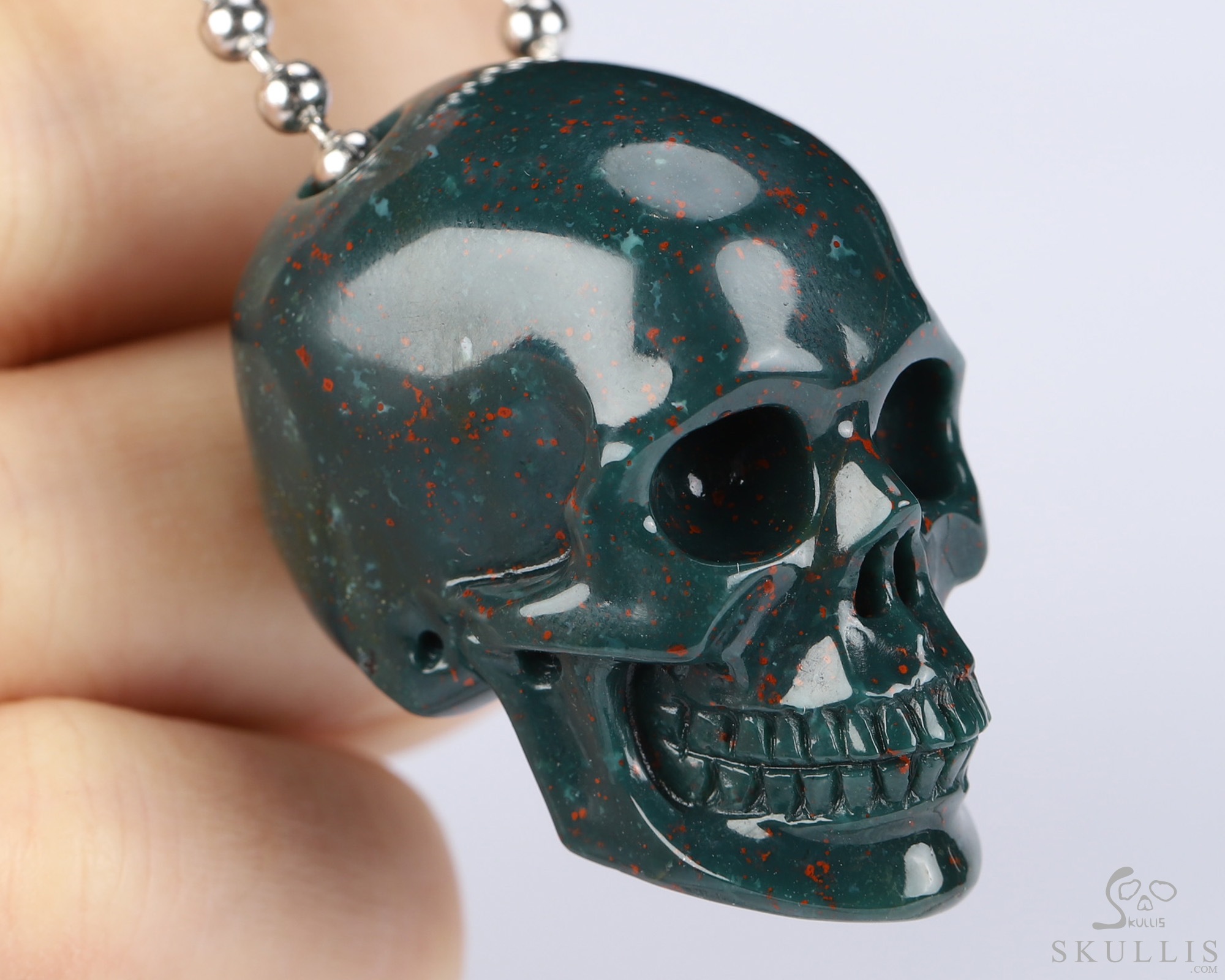 Necklace of 1.4" Bloodstone Hand Carved Crystal Skull Pendant, Skull Jewelry Necklace of 1.4" Bloodstone Hand Carved Crystal Skull Pendant, Skull Jewelry