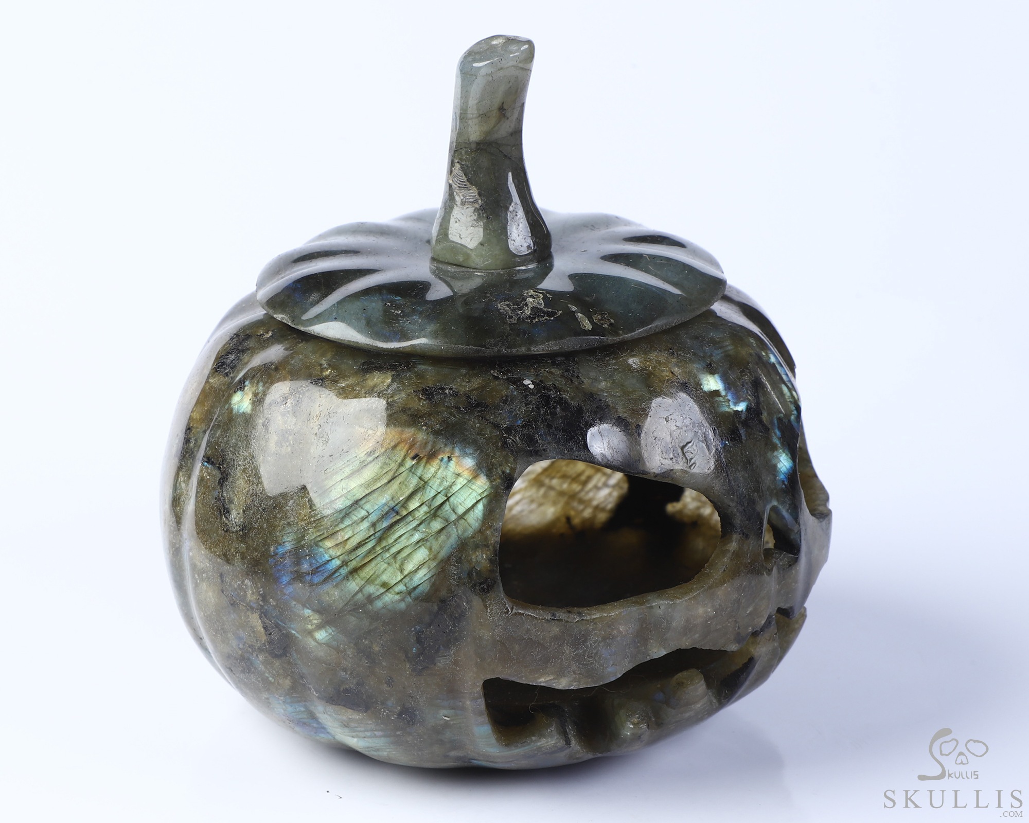 4.5" Labradorite Hand Carved Hollow Pumpkin Crystal Skull Sculpture, Crystal Healing 4.5" Labradorite Hand Carved Hollow Pumpkin Crystal Skull Sculpture, Crystal Healing