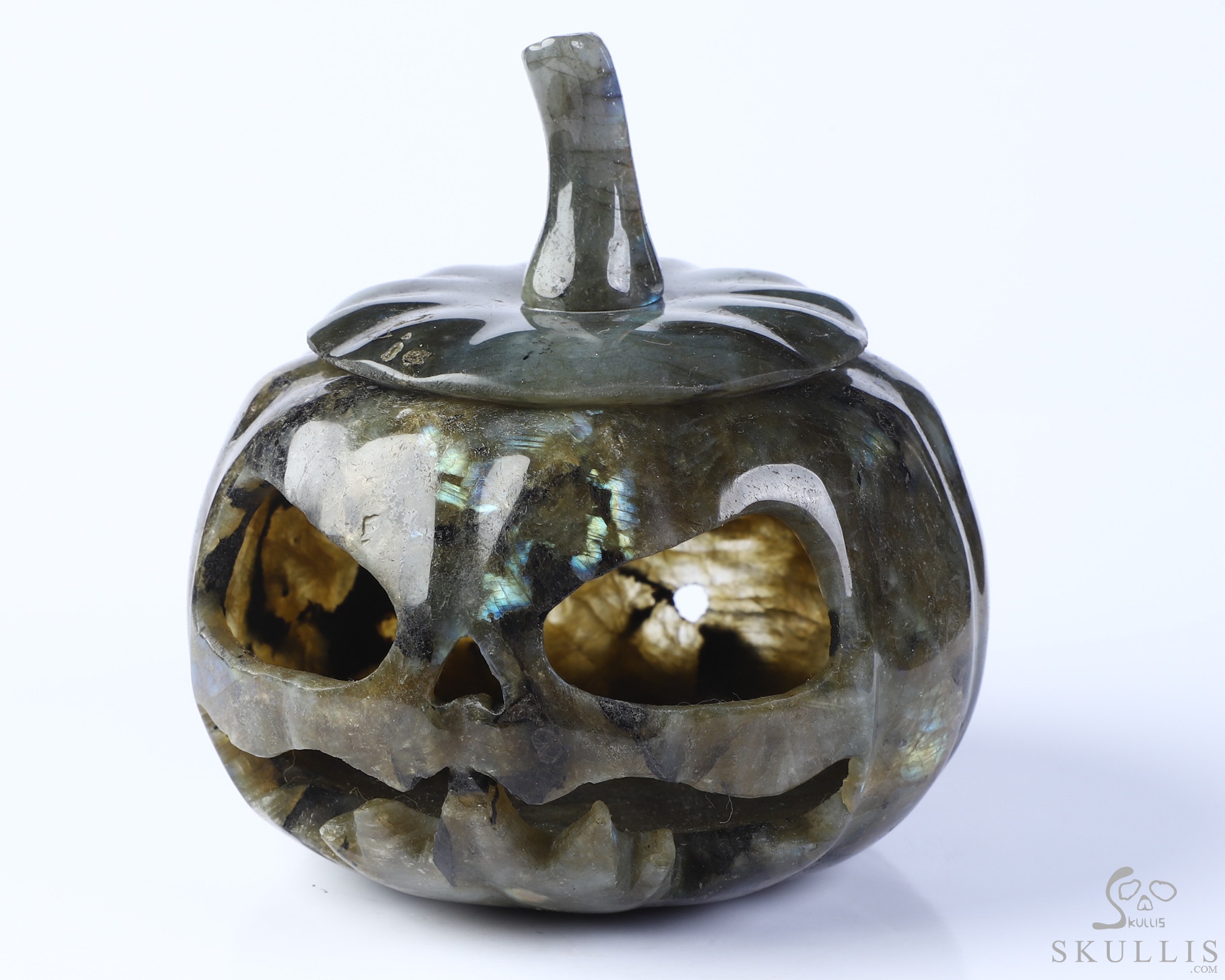 4.5" Labradorite Hand Carved Hollow Pumpkin Crystal Skull Sculpture, Crystal Healing 4.5" Labradorite Hand Carved Hollow Pumpkin Crystal Skull Sculpture, Crystal Healing