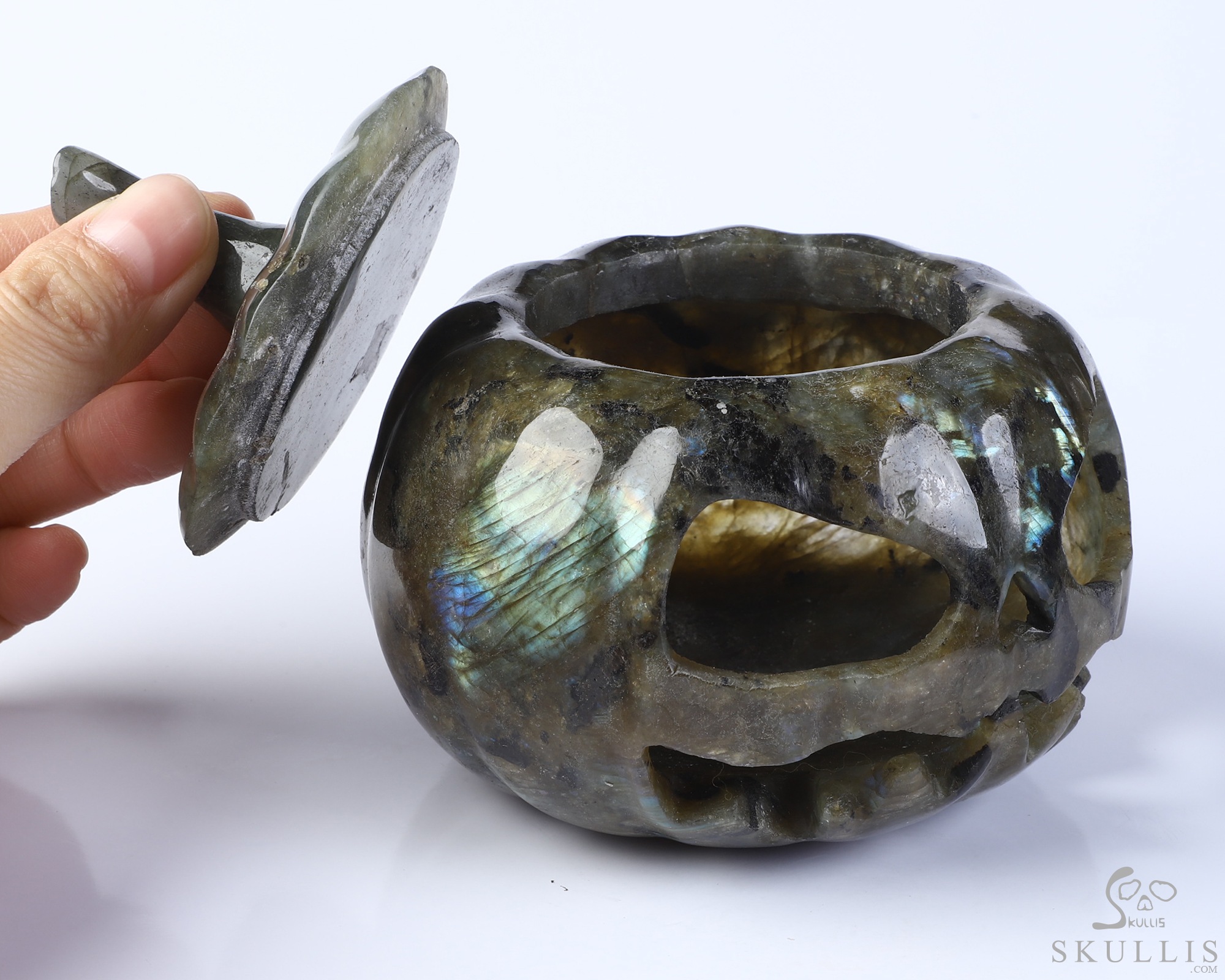4.5" Labradorite Hand Carved Hollow Pumpkin Crystal Skull Sculpture, Crystal Healing 4.5" Labradorite Hand Carved Hollow Pumpkin Crystal Skull Sculpture, Crystal Healing