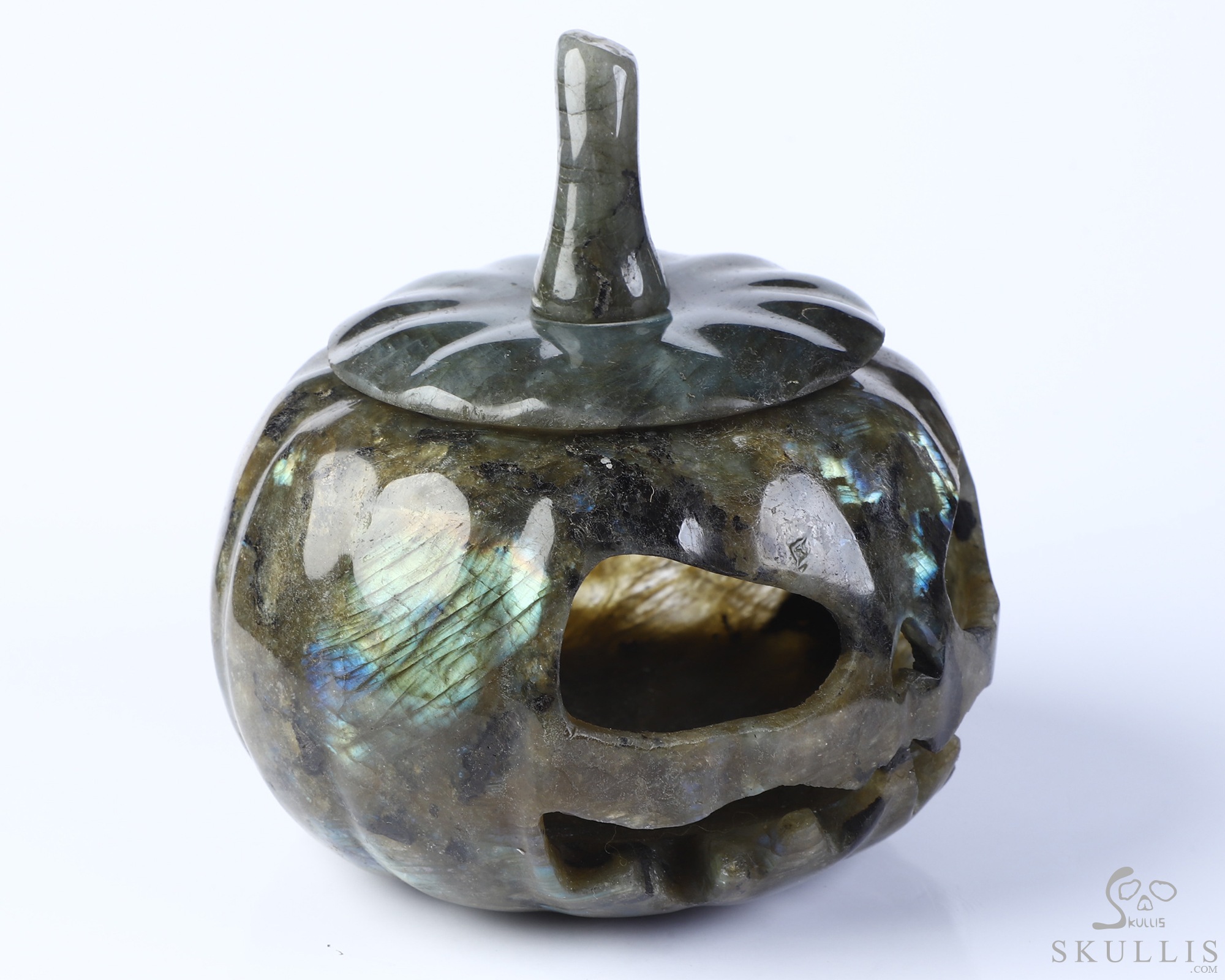 4.5" Labradorite Hand Carved Hollow Pumpkin Crystal Skull Sculpture, Crystal Healing 4.5" Labradorite Hand Carved Hollow Pumpkin Crystal Skull Sculpture, Crystal Healing