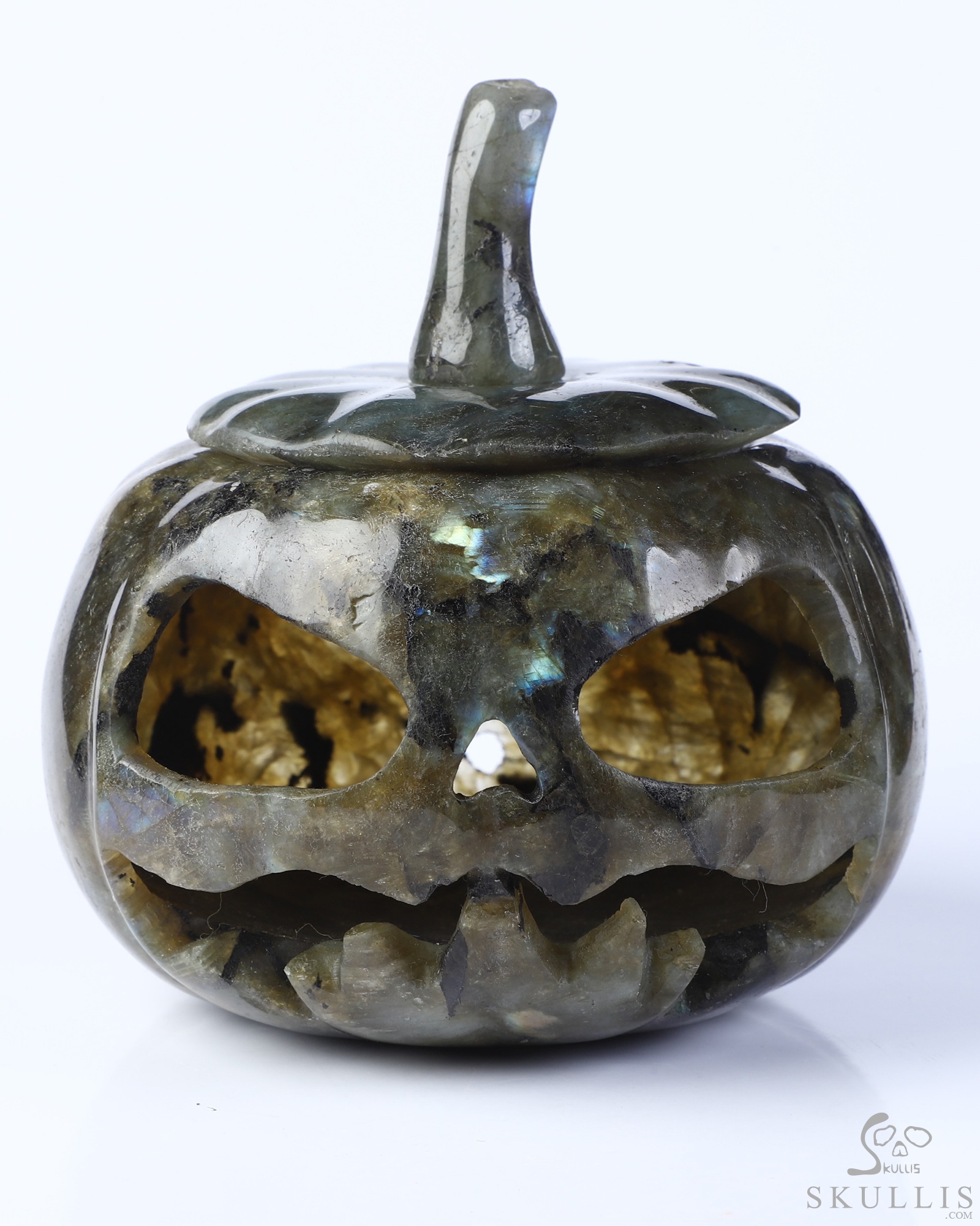 4.5" Labradorite Hand Carved Hollow Pumpkin Crystal Skull Sculpture, Crystal Healing 4.5" Labradorite Hand Carved Hollow Pumpkin Crystal Skull Sculpture, Crystal Healing