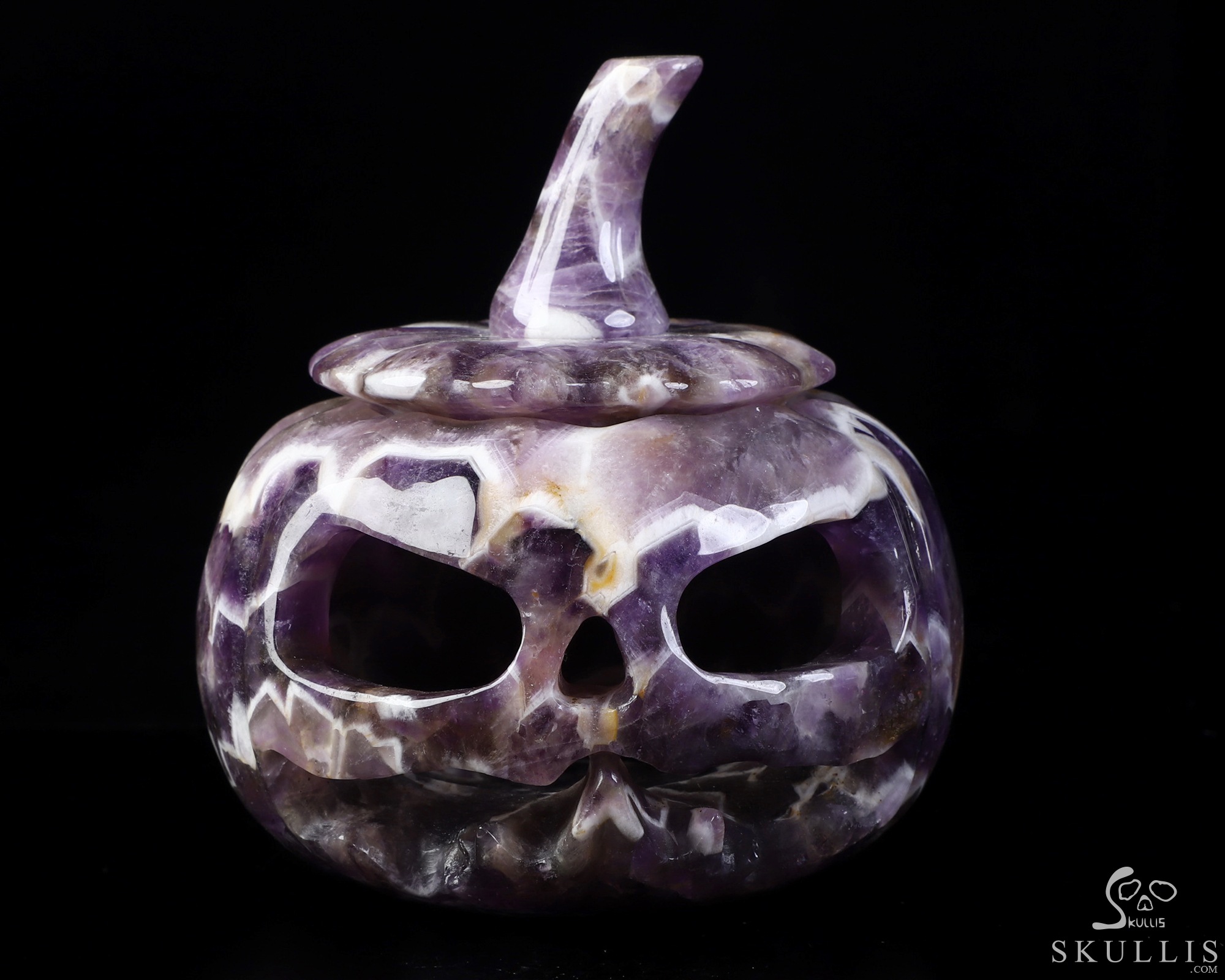4.5" Dream Chevron Amethyst Hand Carved Hollow Pumpkin Crystal Skull Sculpture, Crystal Healing 4.5" Dream Chevron Amethyst Hand Carved Hollow Pumpkin Crystal Skull Sculpture, Crystal Healing