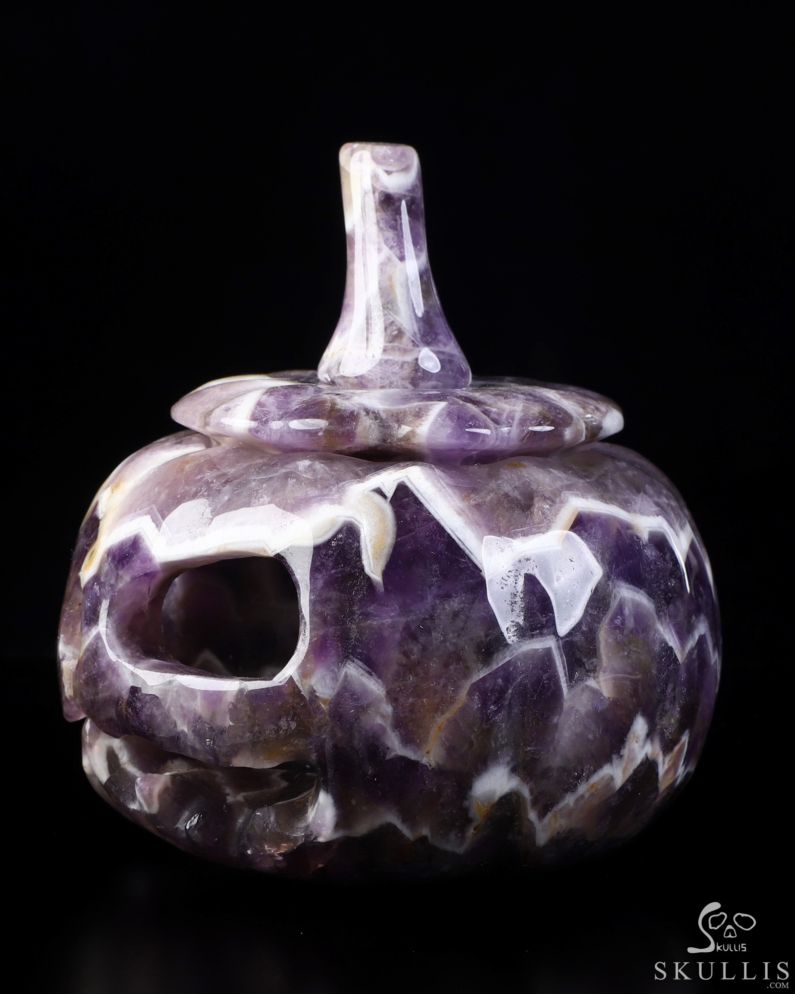 4.5" Dream Chevron Amethyst Hand Carved Hollow Pumpkin Crystal Skull Sculpture, Crystal Healing 4.5" Dream Chevron Amethyst Hand Carved Hollow Pumpkin Crystal Skull Sculpture, Crystal Healing