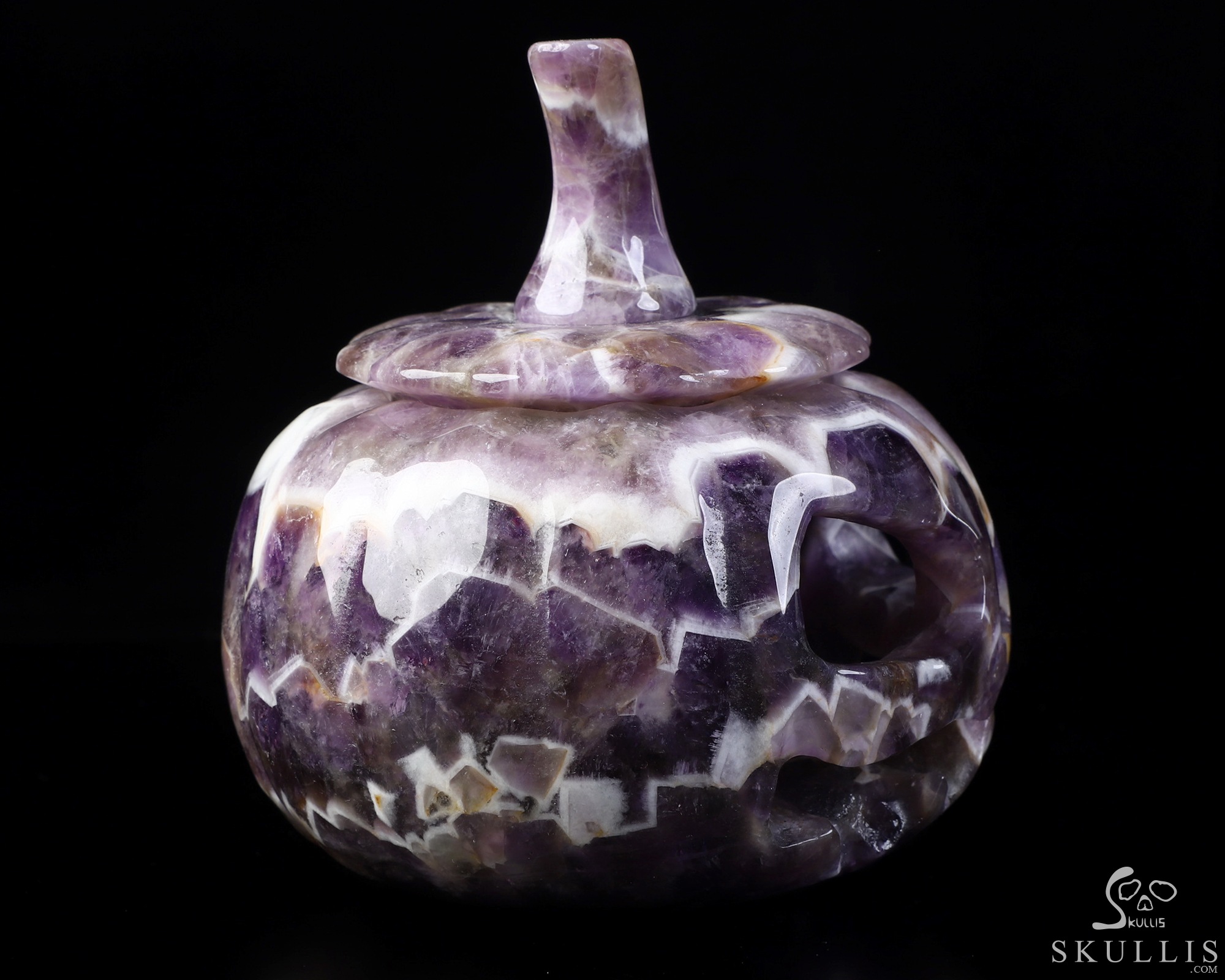 4.5" Dream Chevron Amethyst Hand Carved Hollow Pumpkin Crystal Skull Sculpture, Crystal Healing 4.5" Dream Chevron Amethyst Hand Carved Hollow Pumpkin Crystal Skull Sculpture, Crystal Healing