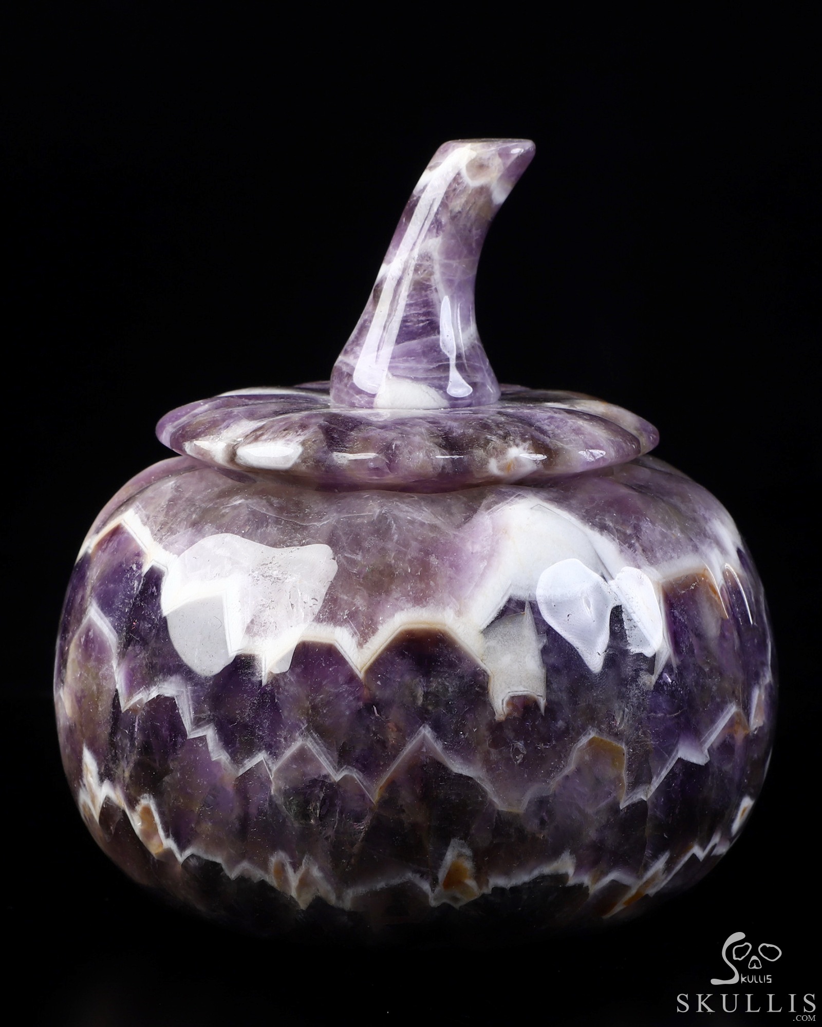 4.5" Dream Chevron Amethyst Hand Carved Hollow Pumpkin Crystal Skull Sculpture, Crystal Healing 4.5" Dream Chevron Amethyst Hand Carved Hollow Pumpkin Crystal Skull Sculpture, Crystal Healing