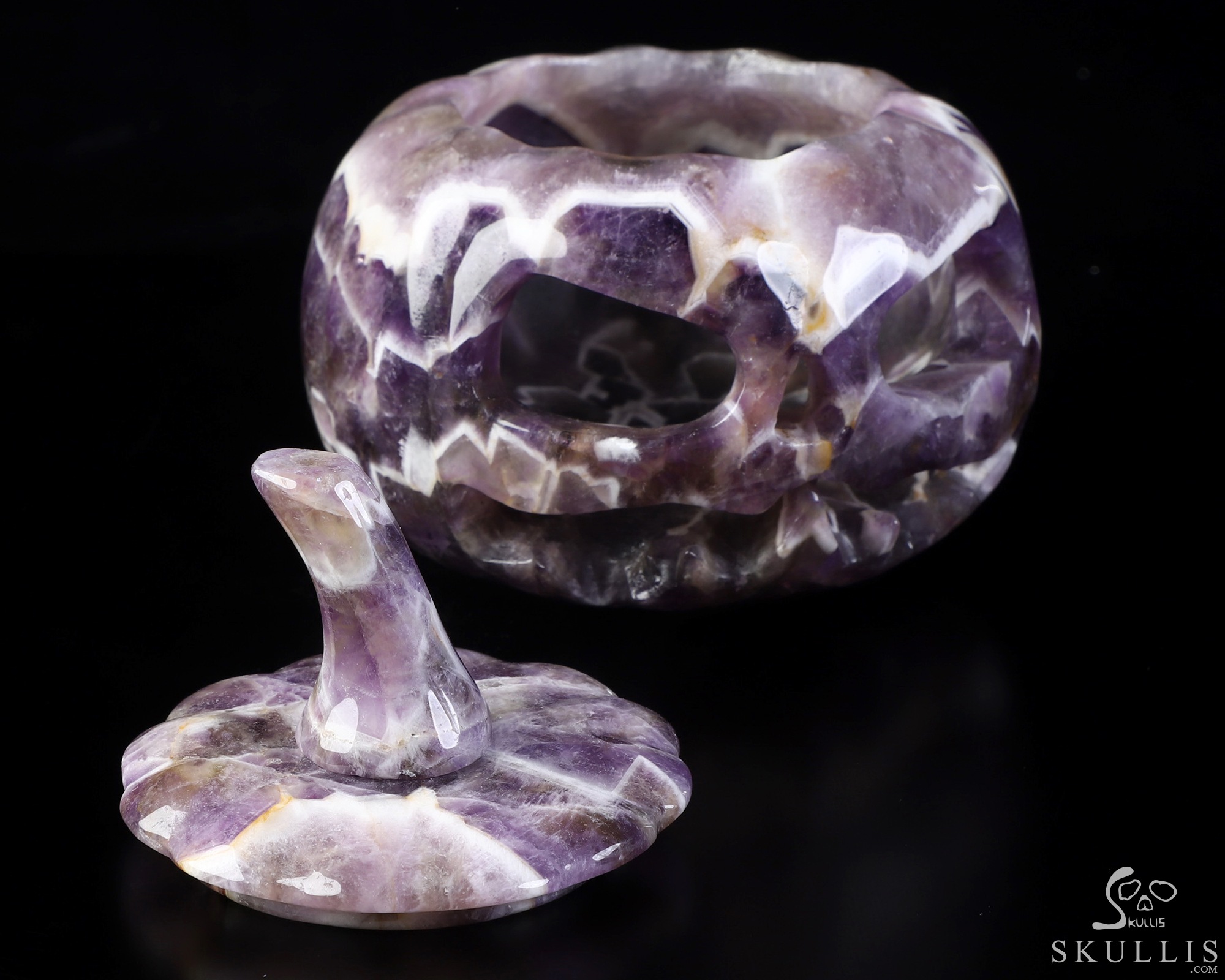 4.5" Dream Chevron Amethyst Hand Carved Hollow Pumpkin Crystal Skull Sculpture, Crystal Healing 4.5" Dream Chevron Amethyst Hand Carved Hollow Pumpkin Crystal Skull Sculpture, Crystal Healing