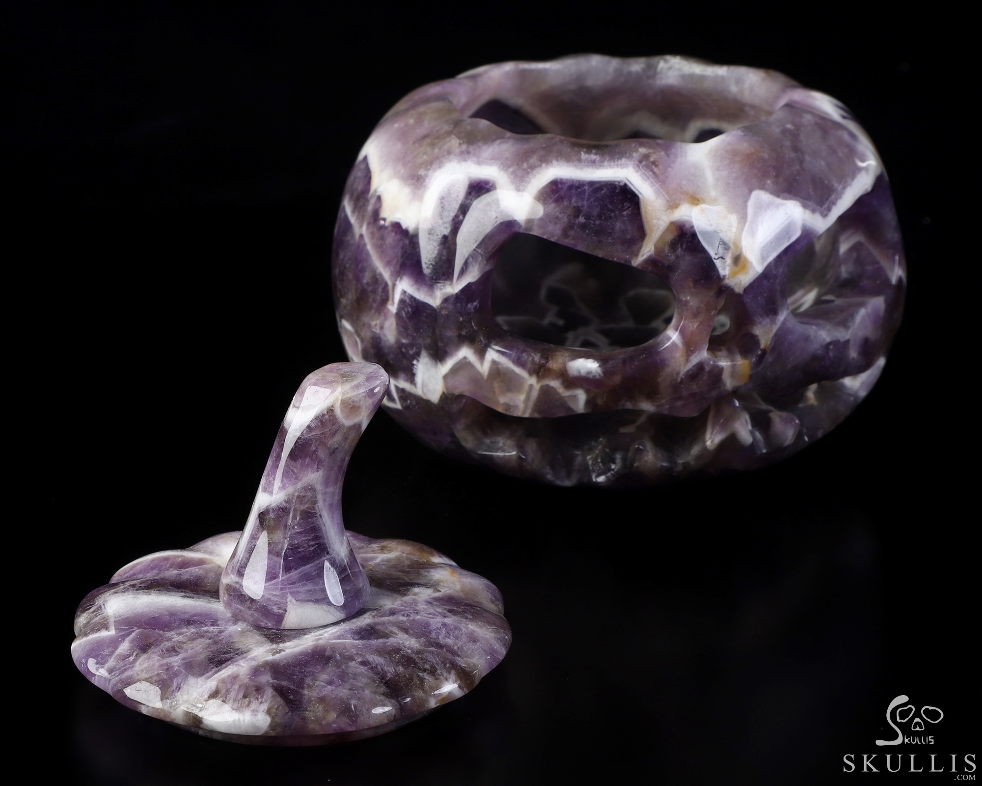 4.5" Dream Chevron Amethyst Hand Carved Hollow Pumpkin Crystal Skull Sculpture, Crystal Healing 4.5" Dream Chevron Amethyst Hand Carved Hollow Pumpkin Crystal Skull Sculpture, Crystal Healing