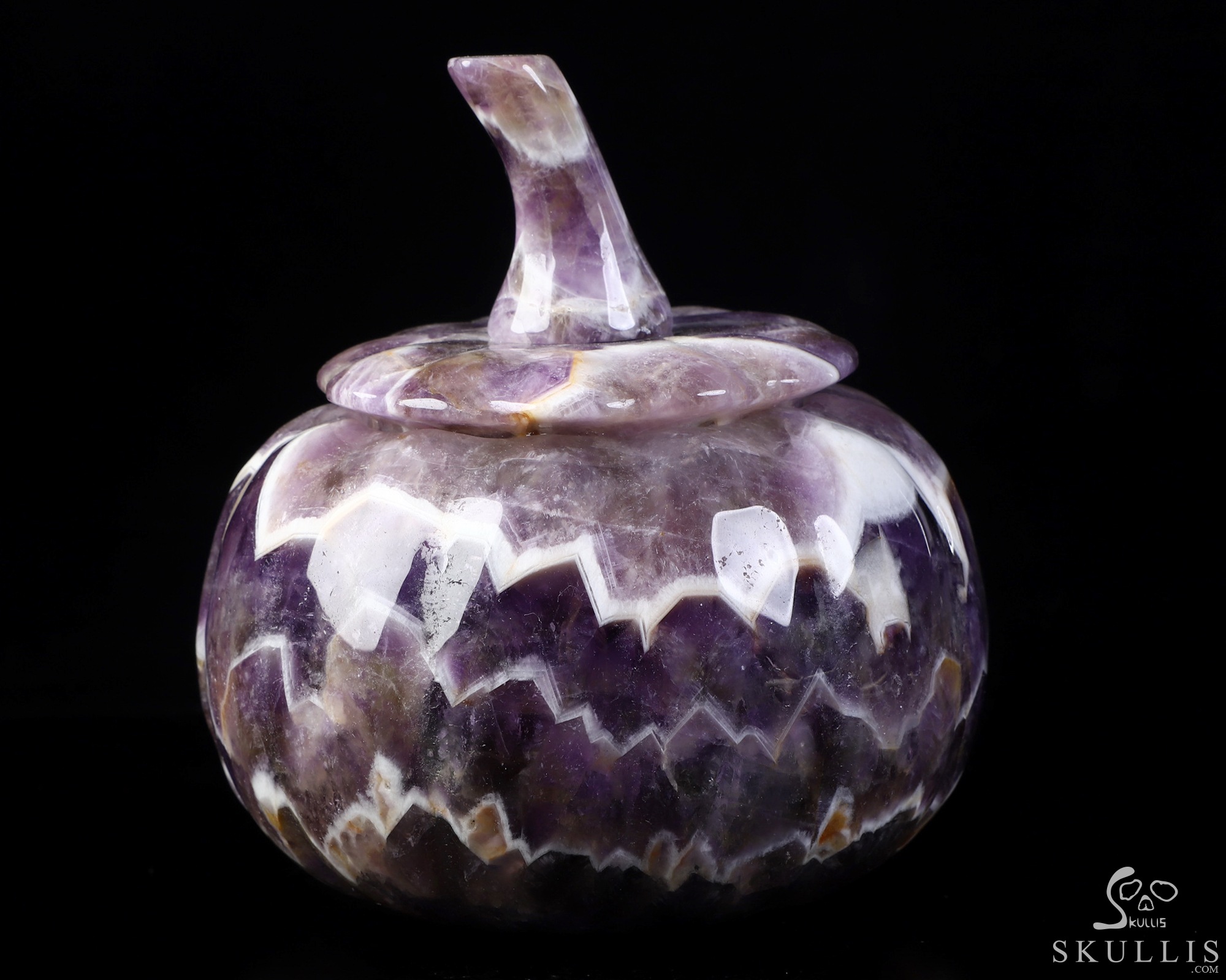 4.5" Dream Chevron Amethyst Hand Carved Hollow Pumpkin Crystal Skull Sculpture, Crystal Healing 4.5" Dream Chevron Amethyst Hand Carved Hollow Pumpkin Crystal Skull Sculpture, Crystal Healing