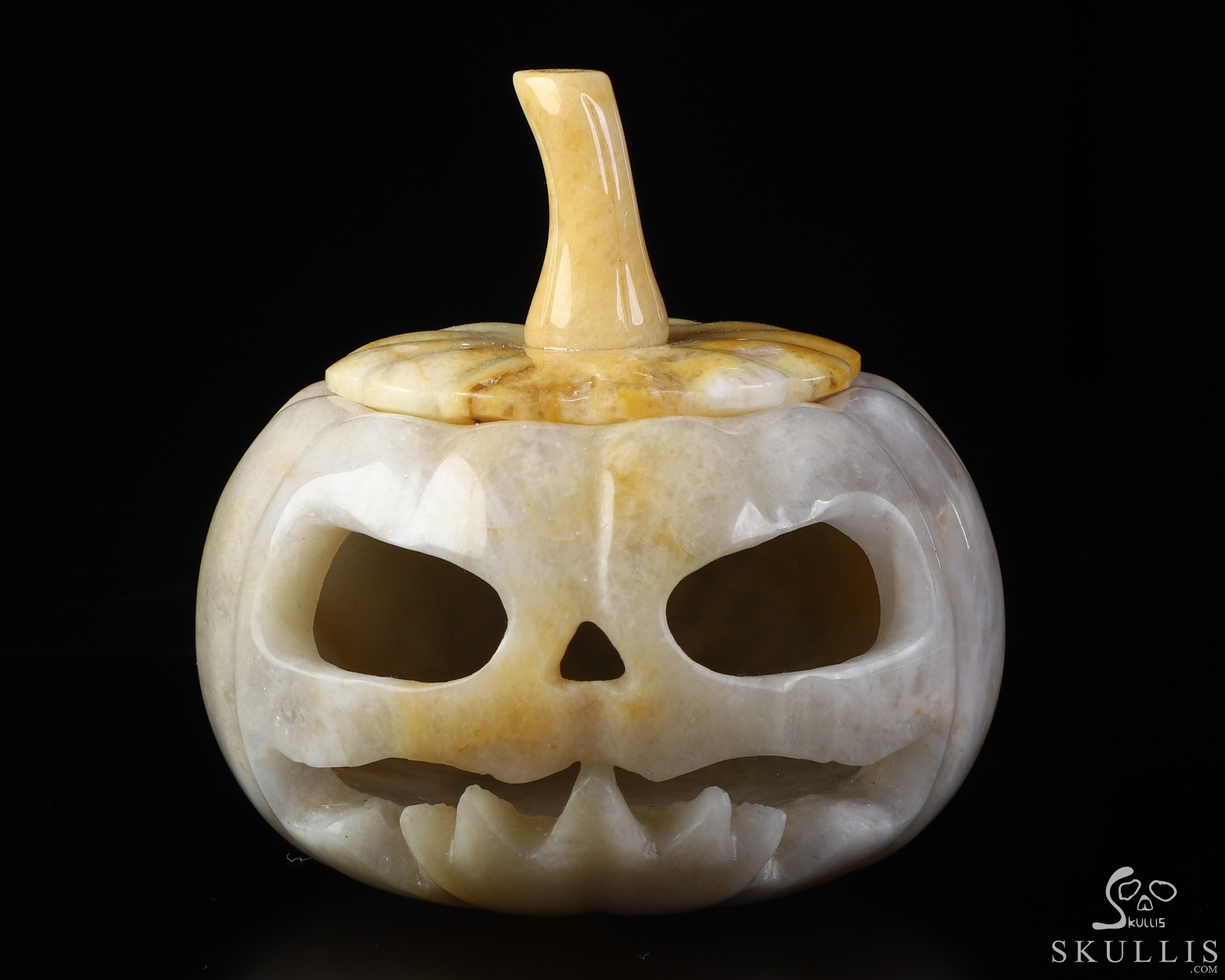 4.5" Beeswax Jade Hand Carved Hollow Pumpkin Crystal Skull Sculpture, Crystal Healing 4.5" Beeswax Jade Hand Carved Hollow Pumpkin Crystal Skull Sculpture, Crystal Healing