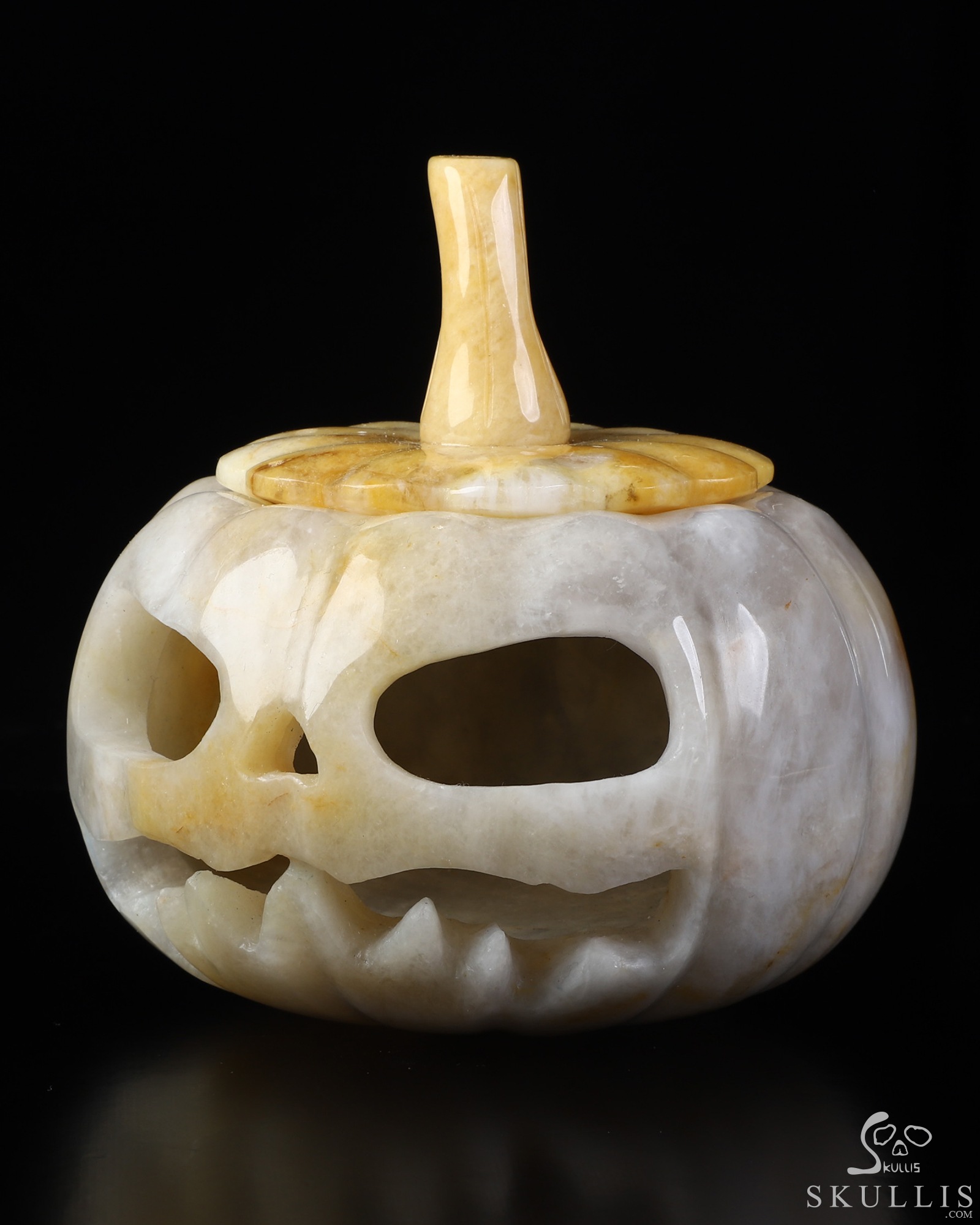 4.5" Beeswax Jade Hand Carved Hollow Pumpkin Crystal Skull Sculpture, Crystal Healing 4.5" Beeswax Jade Hand Carved Hollow Pumpkin Crystal Skull Sculpture, Crystal Healing