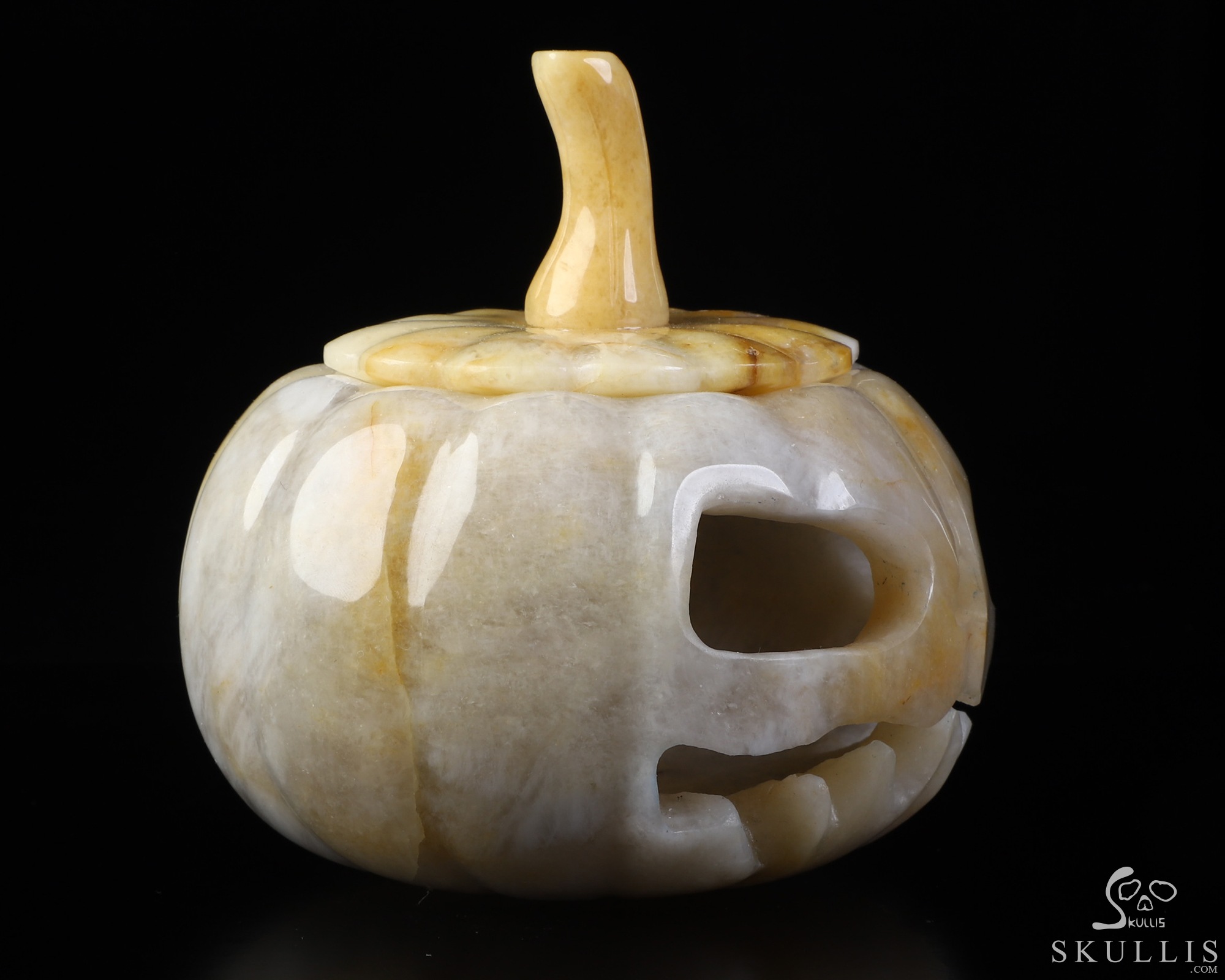 4.5" Beeswax Jade Hand Carved Hollow Pumpkin Crystal Skull Sculpture, Crystal Healing 4.5" Beeswax Jade Hand Carved Hollow Pumpkin Crystal Skull Sculpture, Crystal Healing