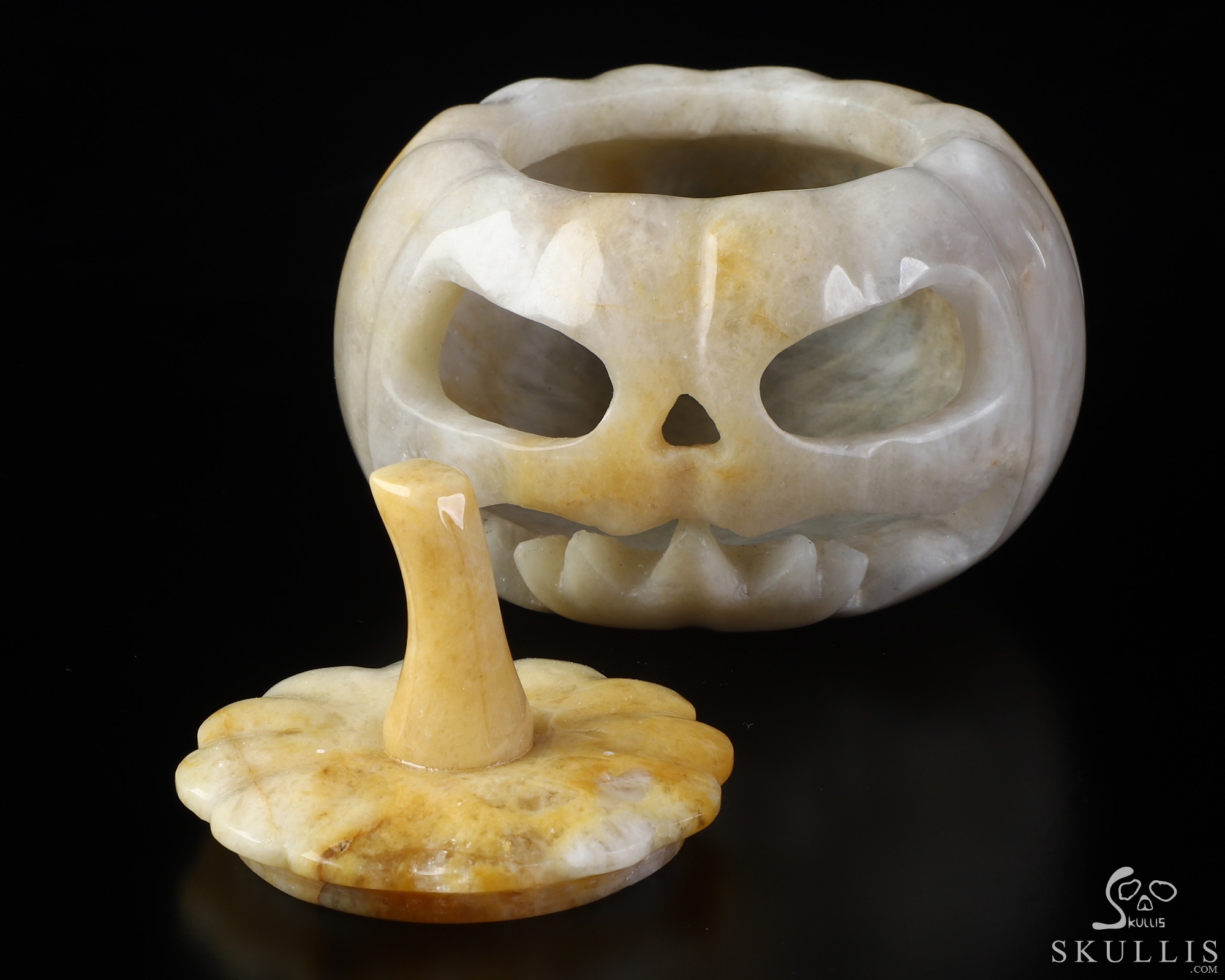 4.5" Beeswax Jade Hand Carved Hollow Pumpkin Crystal Skull Sculpture, Crystal Healing 4.5" Beeswax Jade Hand Carved Hollow Pumpkin Crystal Skull Sculpture, Crystal Healing