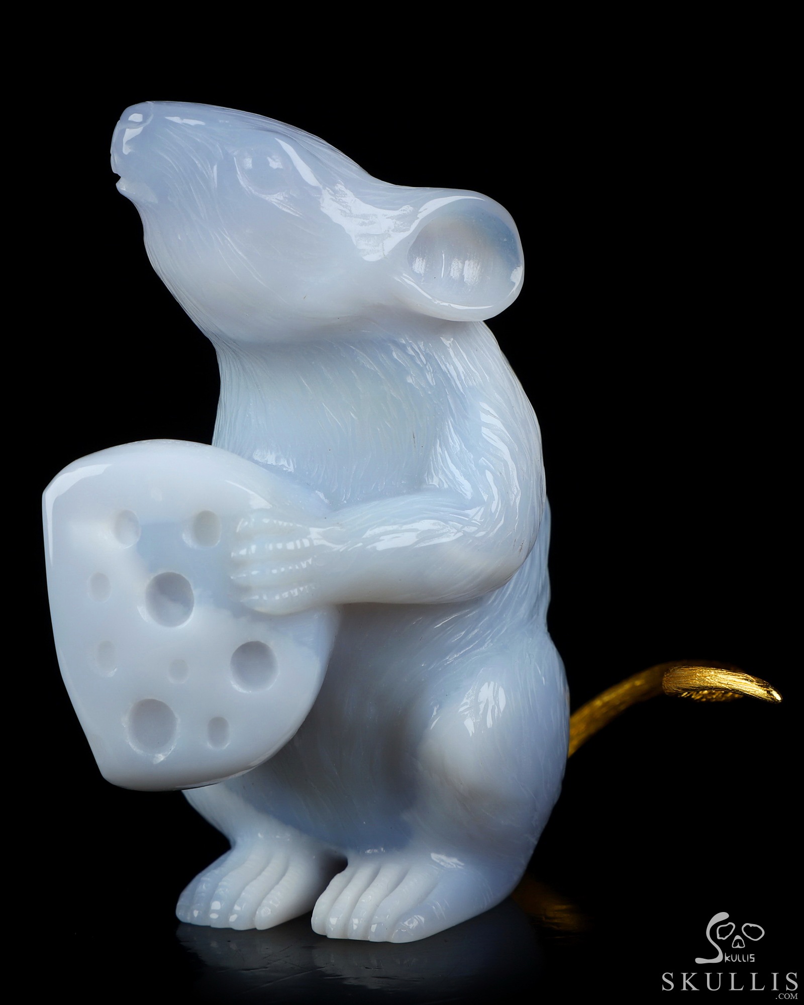 3.5" Blue Chalcedony Hand Carved Crystal Mouse and 18K Gold Plated 925 Silver Tail, Crystal Healing 3.5" Blue Chalcedony Hand Carved Crystal Mouse and 18K Gold Plated 925 Silver Tail, Crystal Healing