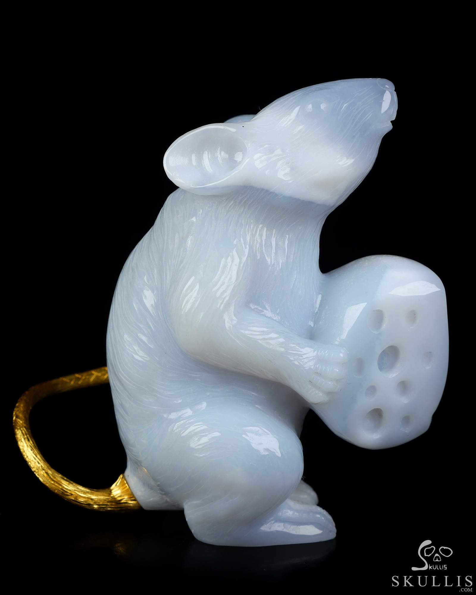 3.5" Blue Chalcedony Hand Carved Crystal Mouse and 18K Gold Plated 925 Silver Tail, Crystal Healing 3.5" Blue Chalcedony Hand Carved Crystal Mouse and 18K Gold Plated 925 Silver Tail, Crystal Healing